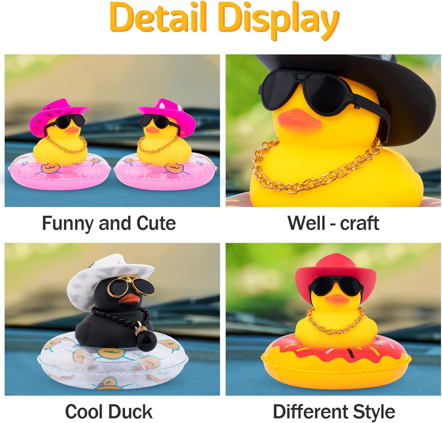 wonuu Car Rubber Duck, Yellow Duck Decoration Dashboard with Sun Hat Swim Ring Necklace Sunglasses for Car Dashboard Decorations, Red Cowboy Hat-Red Donut