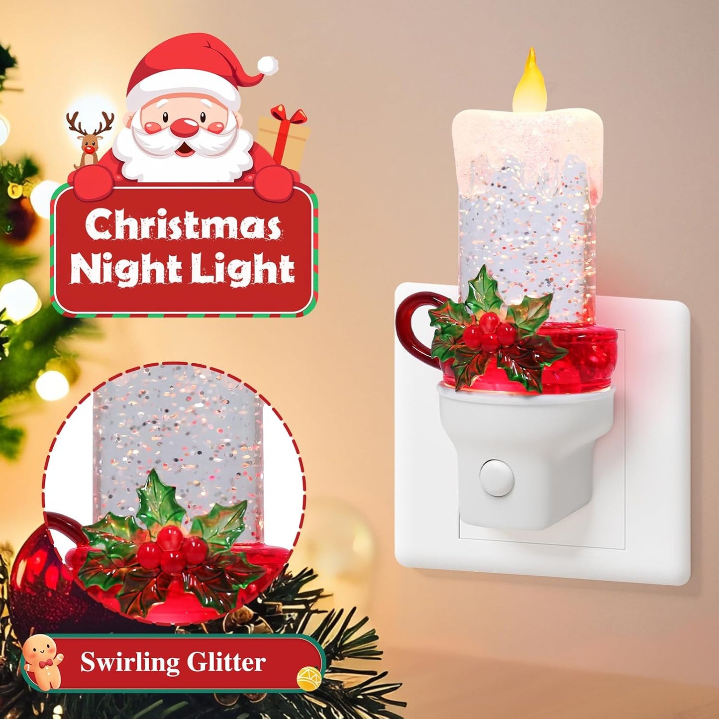 Christmas Candle Night Light Plug into Wall Glitter Water Nightlight with USB/Outlet Options, Christmas Decorative Nightlight for Bedroom Kitchen Nursery Hallway Holiday Decorations Gifts (Candle)