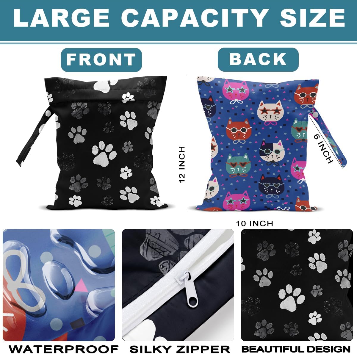 2Pcs Cat Wet Bag 12x10 Inch, Cats Paw Waterproof Travel Laundry Bags, Hand Strap 6 Inch, Washable Reusable Wet Dry Bag for Swimsuit Beach Diapers Dirty Yoga Gym Clothes,Cat Gifts for Women Friend