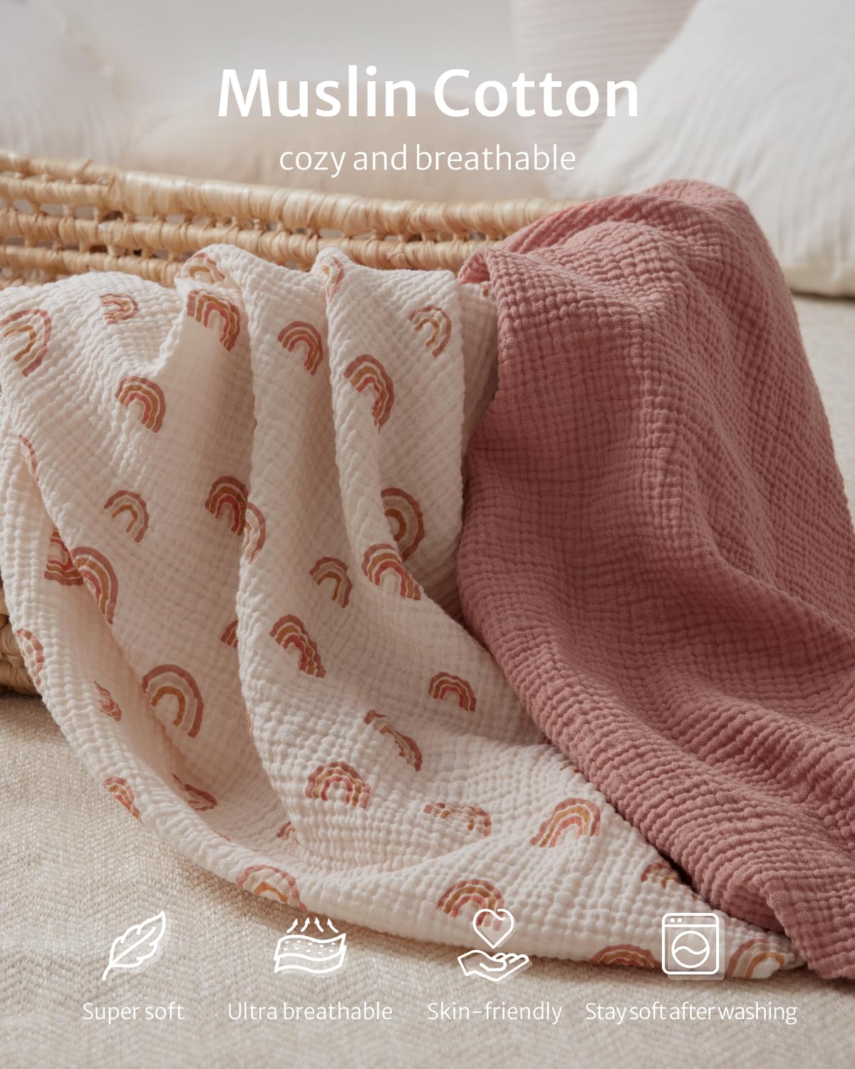 Blissful Diary Muslin Bassinet Sheets for Baby Girls Boys, Boho Soft Cotton Fitted for Oval Hourglass Rectangle Mattress, 2 Pack(Dusty Pink&Rainbow)