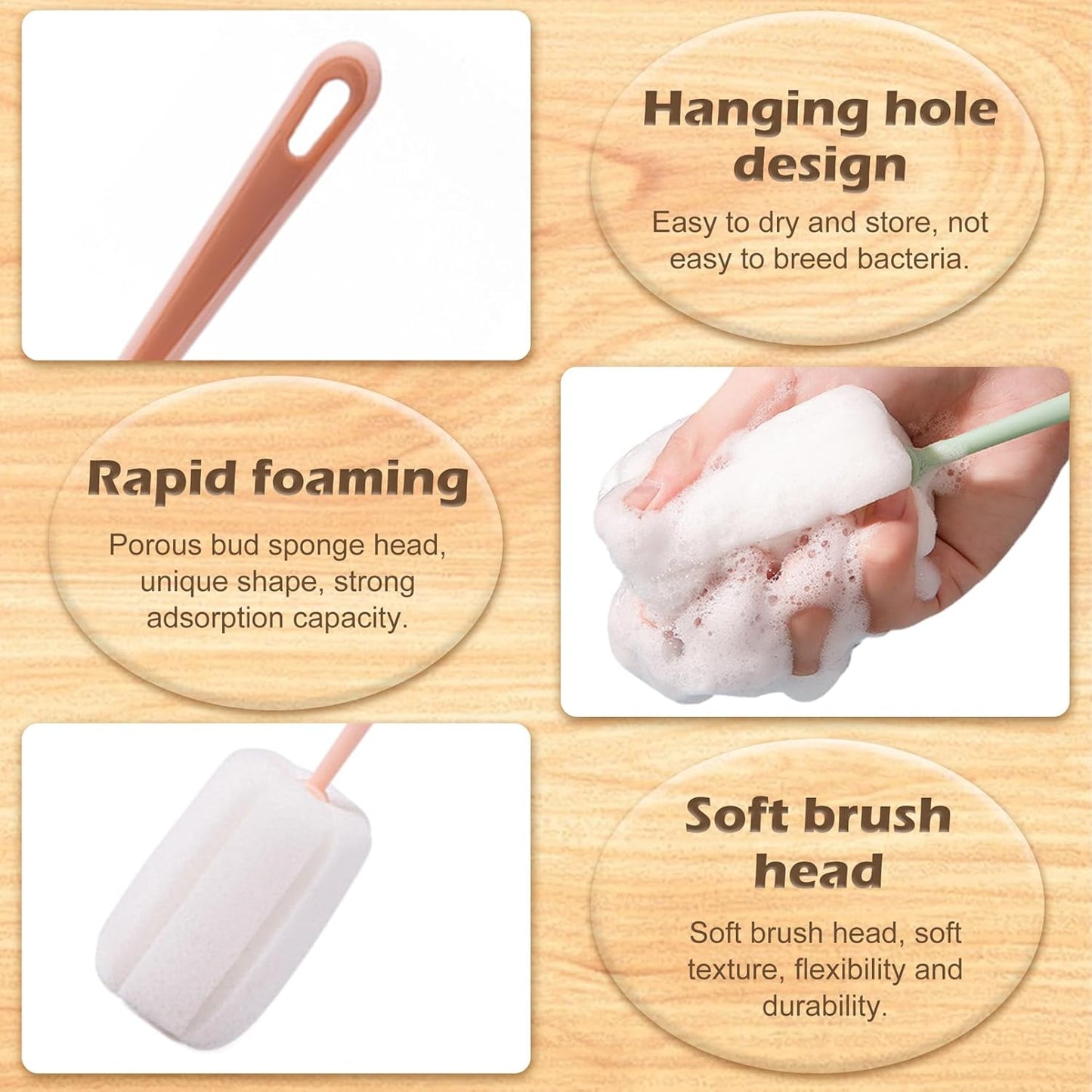4 PCS Sponge Bottle Brushes, Bottles Scrubber Cleaning Brush with Handle, Water Bottles Cleaner for Thermos, Mug, Cup, Teapot