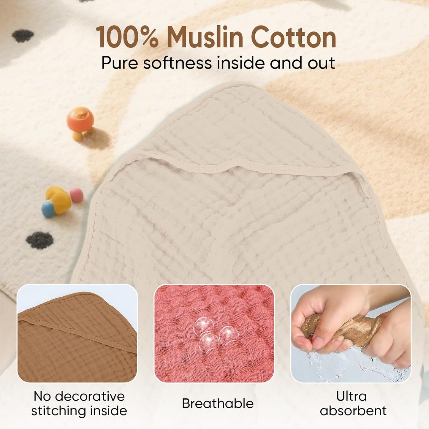 Muslin Hooded Baby Towels 100% Cotton ，Super Soft Muslin Baby Bath Towel - 32 x 32 Inches, Suitable for Newborn and Young Children up to 3 Years Old. (Beige & Green)