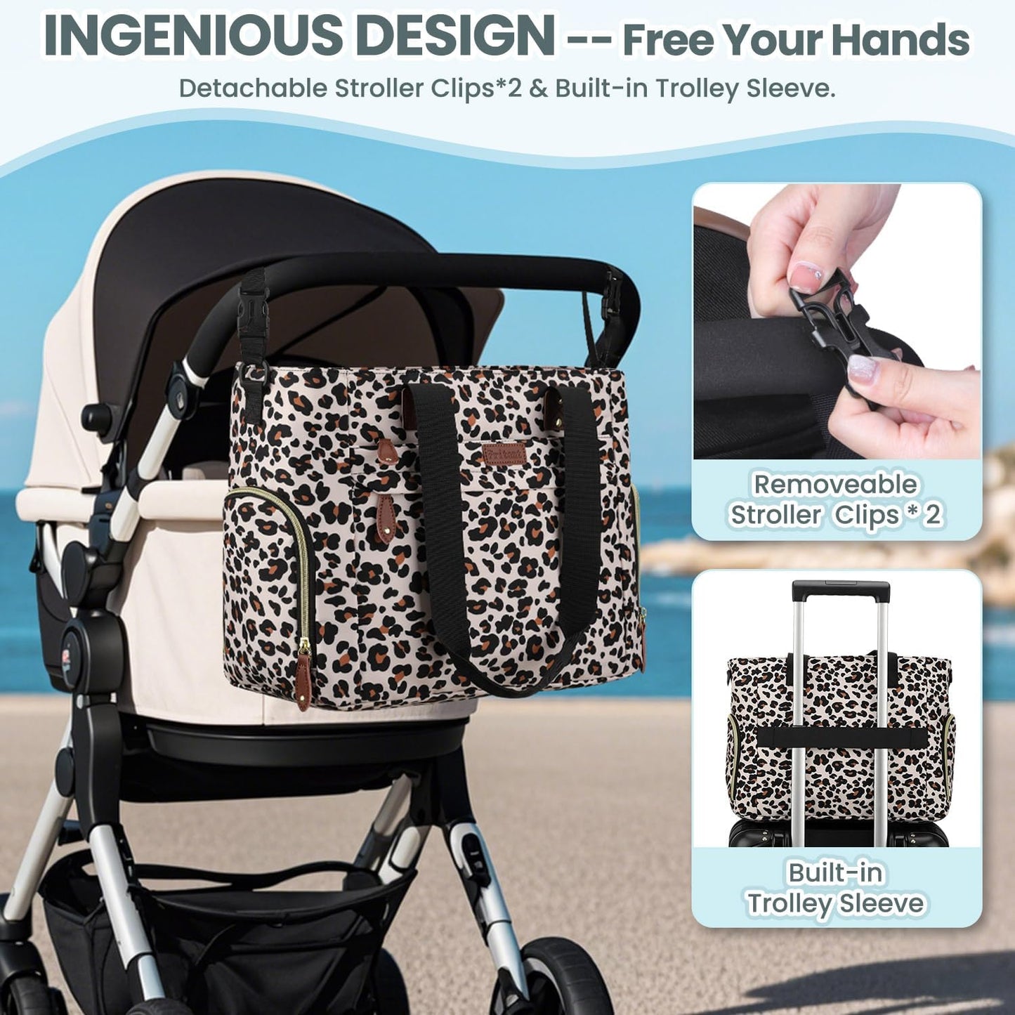 Diaper Bag Tote for Working Mom, Large Travel Diaper Tote for Mom and Dad with 14 Inch Laptop Sleeve, Mommy Maternity Travel Baby Bag for Boys and Girls, Leopard