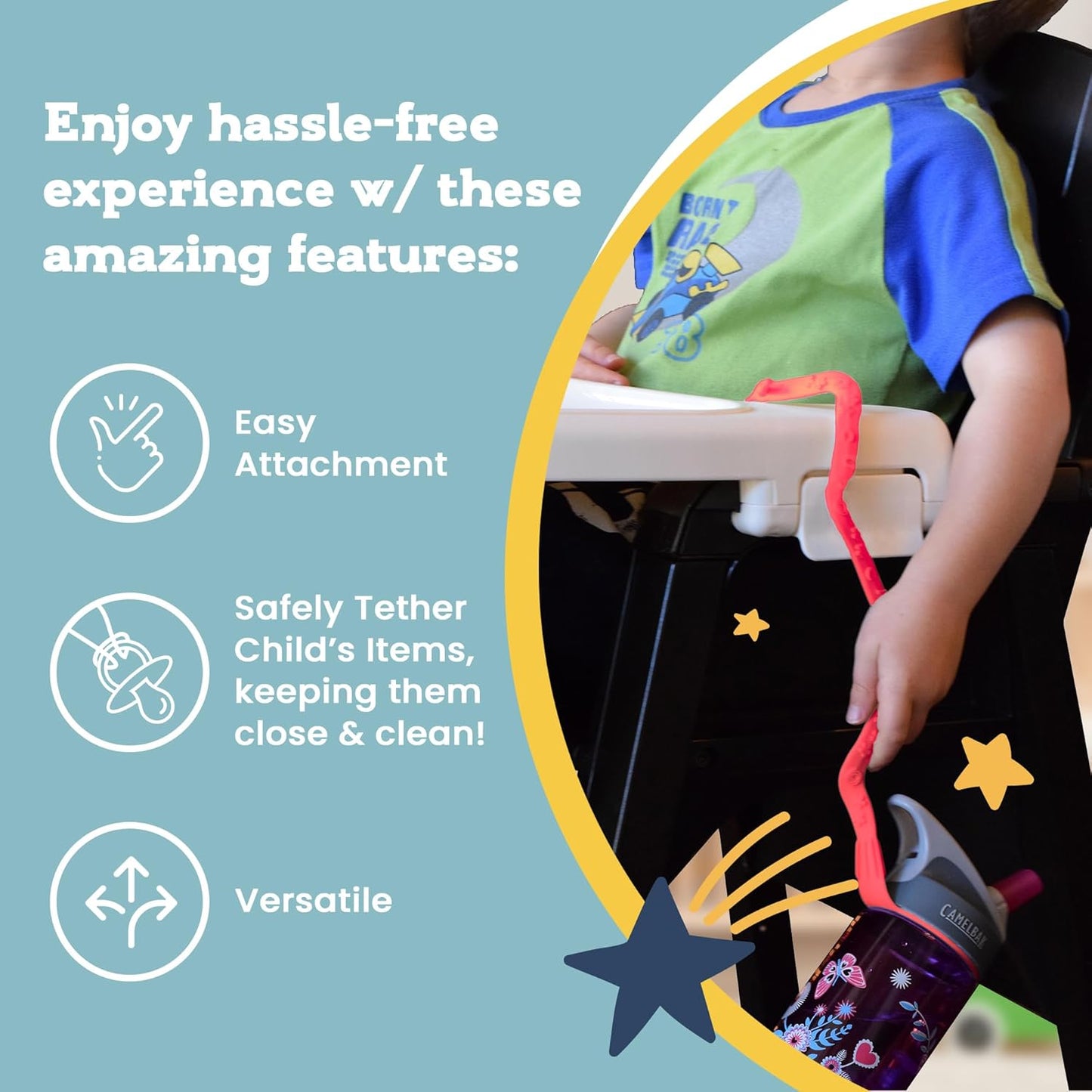 Brilli Baby Cup Catcher Patented Safety Tether Strap, Attach Sippy Cups, Bottles, Pacifiers & More to Stroller, High Chair, Car Seat, Made in USA, Food Grade, Dishwasher Safe (Aqua)
