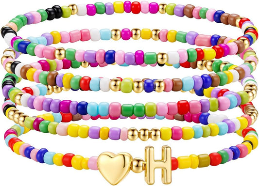 M MOOHAM Stocking Stuffers for Kids Girls Teen - 5PCS Colorful Beaded Initial Bracelets for Women Girls, Cute Stretch Heart Letter Bohemian Stackable Bracelet Birthday Gifts Jewelry for Kids Teen Girl