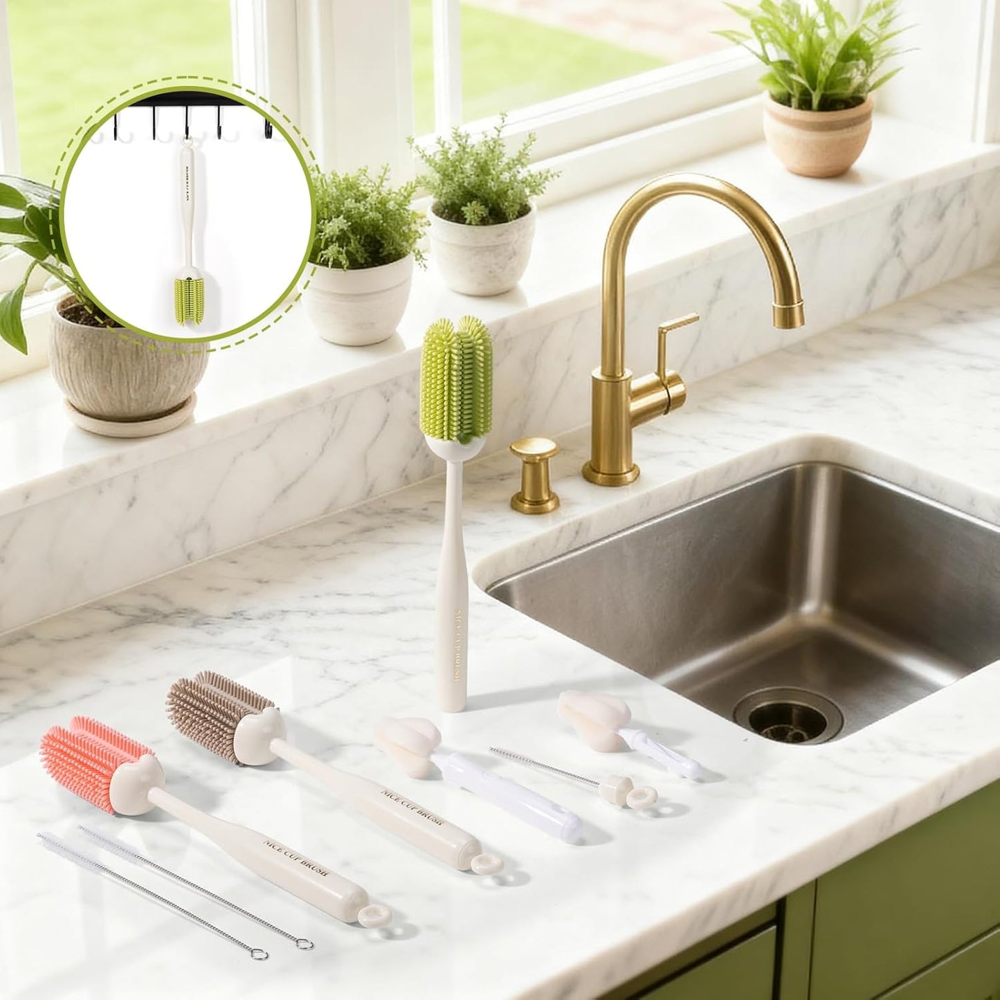 5-in-1 Baby Bottle Brush Kit, Silicone Bottle Brush for Baby Bottle and Breast Pumps, Sponge Nipple Brush with Replaceable Brush Head, Straw Brushes, Grey