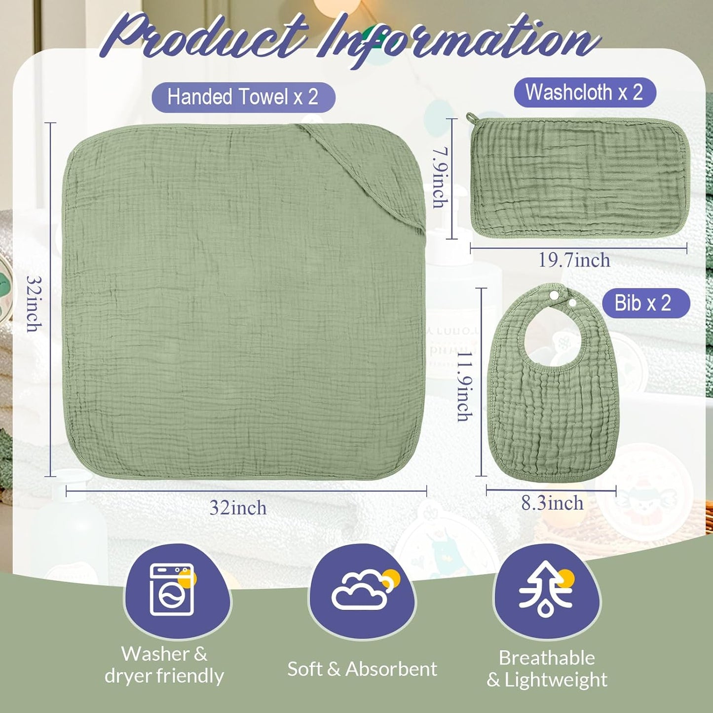 6 Pcs Muslin Hooded Bath Towels Washcloths and Bibs Set, Muslin Cotton Baby Towels Absorbent Hooded Blanket Towel Infant Bibs for Boys Girls Newborn Infant Essentials(Light Blue, Light Green)