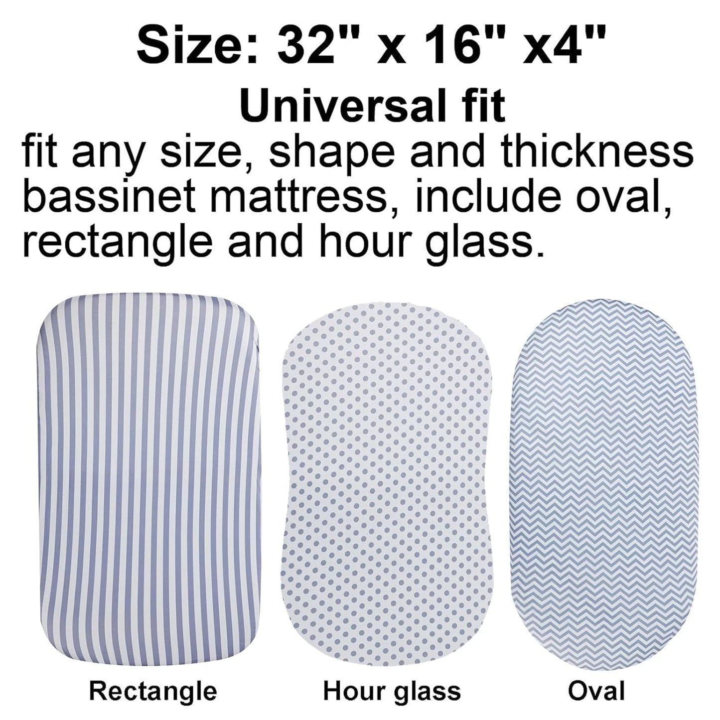 Onacosht Bassinet Sheets for Baby Boy and Girl, Stretchy Breathable Fitted Sheet Universal for Bassinet Cradle Hourglass Oval Rectangle Pad/Mattress, 4 Pack Stripes Dots Chevrons and Stars ﻿