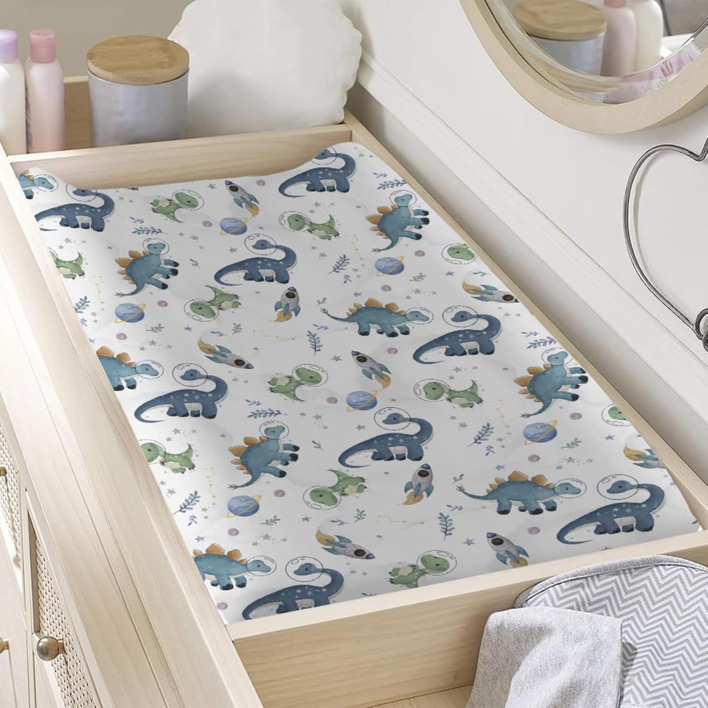 Watercolor Space Dinosaurs Baby Changing Pad Cover Dinosaur Rockets Planet Stars Leaves Diaper Changing Table Sheets for Girl Boy Soft Breathable Stretchy Fitted Change Pad Table Mats 32''x16''