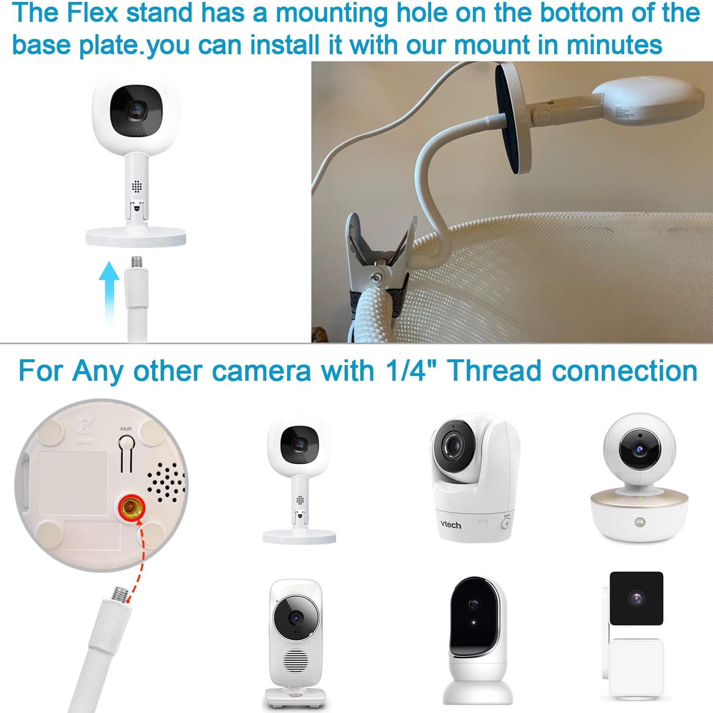 Baby Monitor Mount Compatible with Nanit Pro Smart Baby Monitor & Flex Stand Flexible Long Gooseneck Arm Also for Cameras with 1/4 Screw Mount Baby Camera Holder Stand