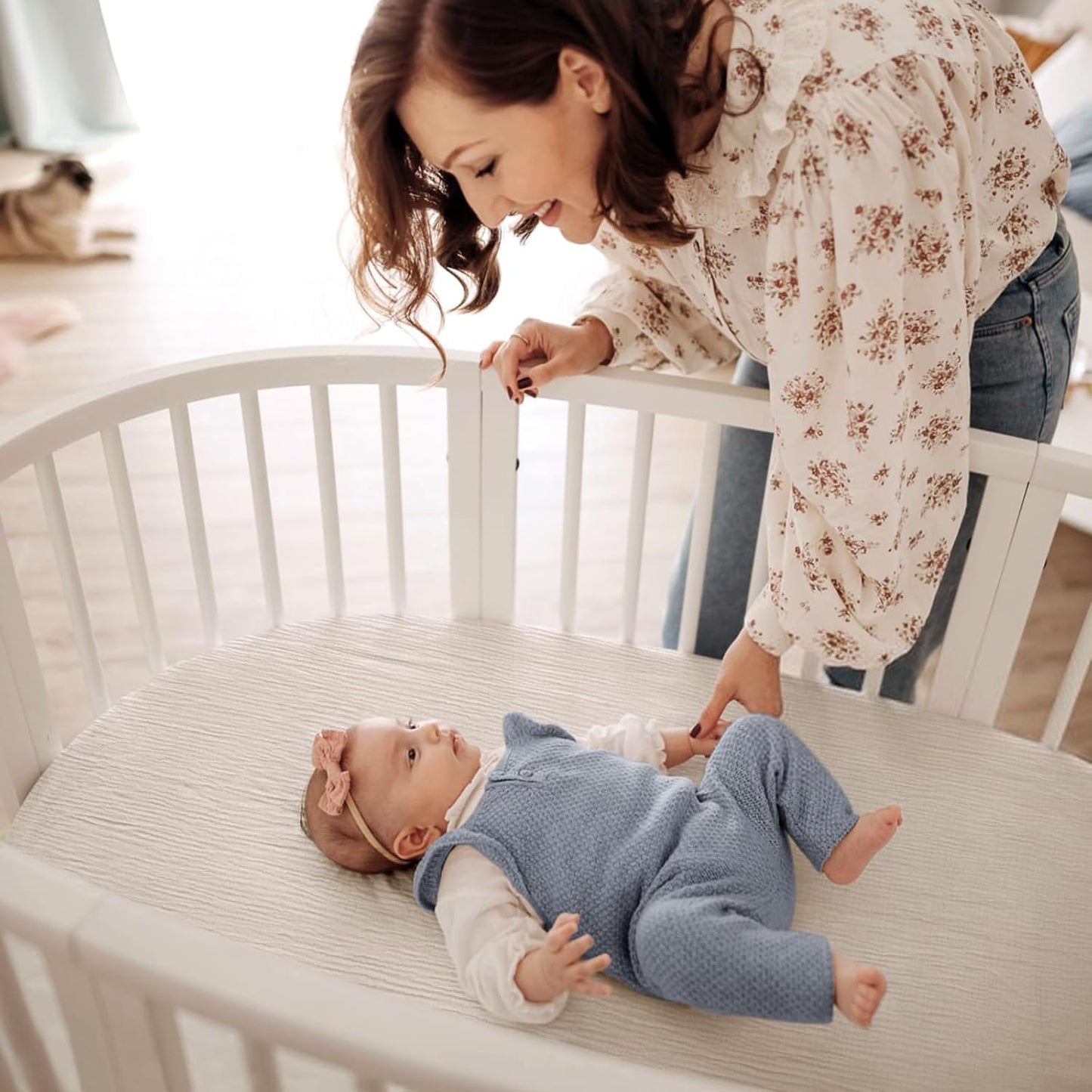 lulumoon Baby Muslin Bassinet Sheets: Cotton Bassinet Sheets Neutral for Boys and Girls - Fitted for Oval Rectangle or Hourglass (Navy & Cream, Standard Bassinet)