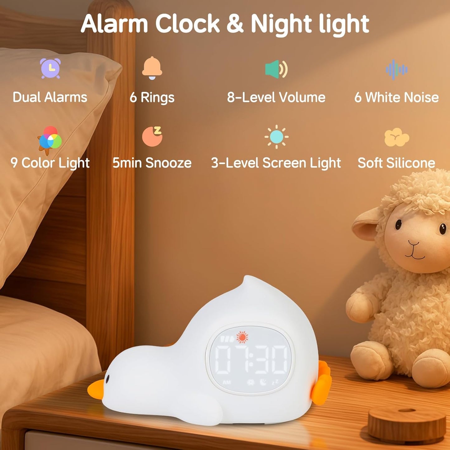 Yiliaw Alarm Clock for Kids with Night Light, Sleep Training Clock Time to Wake Clock, Rechargeable Silicone Light for Bedroom, Perfect Sleep Companion for Boys Girls, Laying Duck