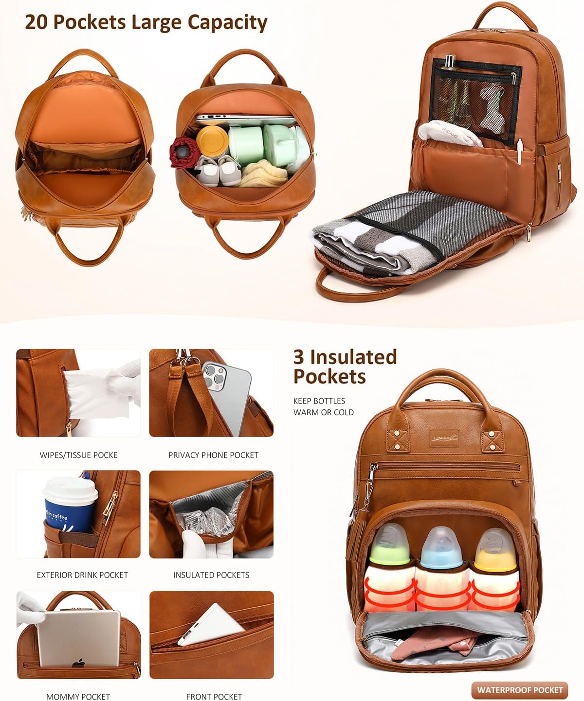 Premium Vegan Leather Diaper Bag Backpack with Waterproof Changing Pad, Reinforced Zippers & Odor-Free, 20 Pockets Pro Organizer, Fits 15.6" Laptop, Stroller Straps, Baby Bag for Mom, Brown