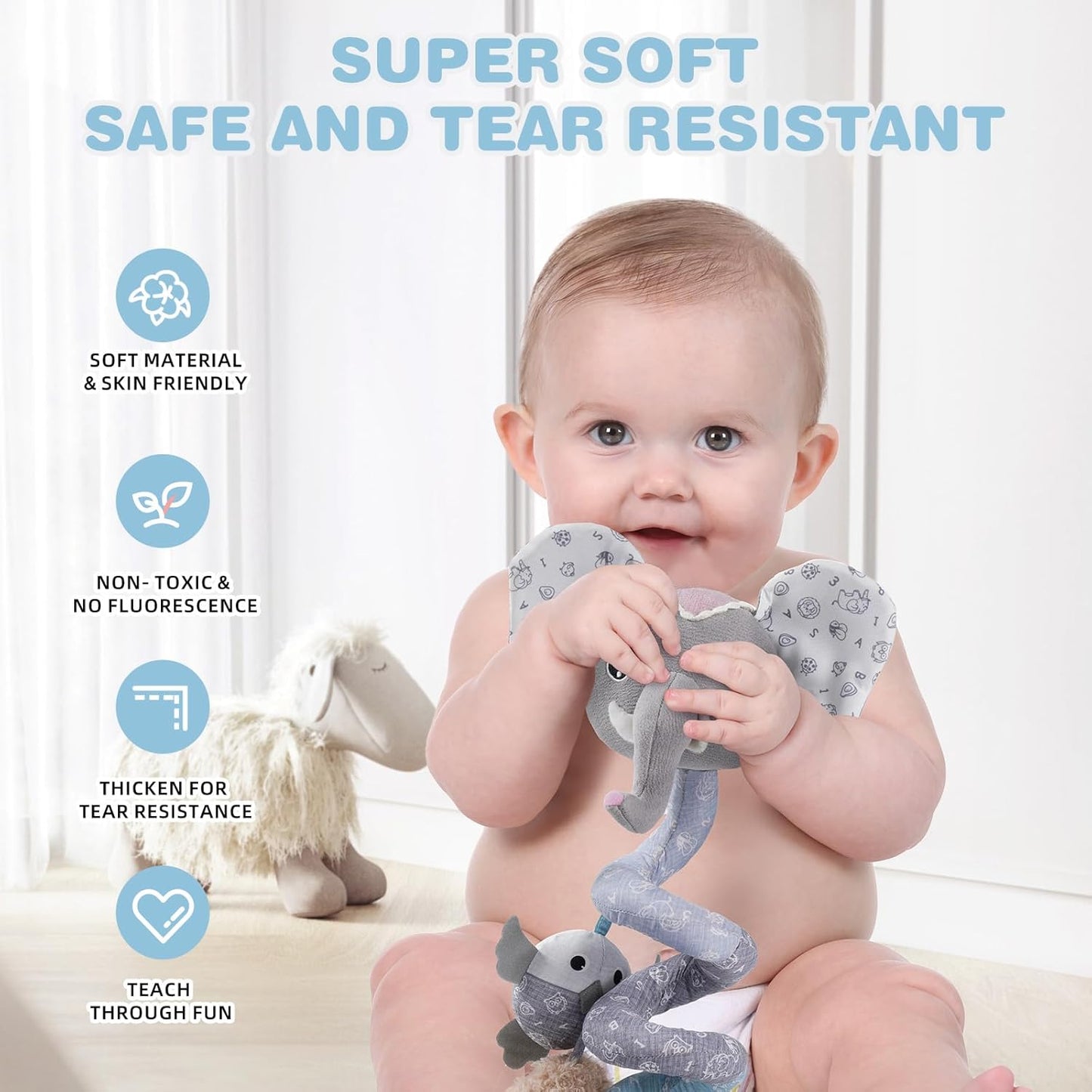 Jollybaby Crib Stroller Car Seat Toys for Baby 0-3-6-9-12 Months, Tummy Time Hanging Sensory Toys for Newborn with Music Box and Teether, Spiral Carseat Toy for Boys Girls Gifts (09-Sz Gray Elephant)