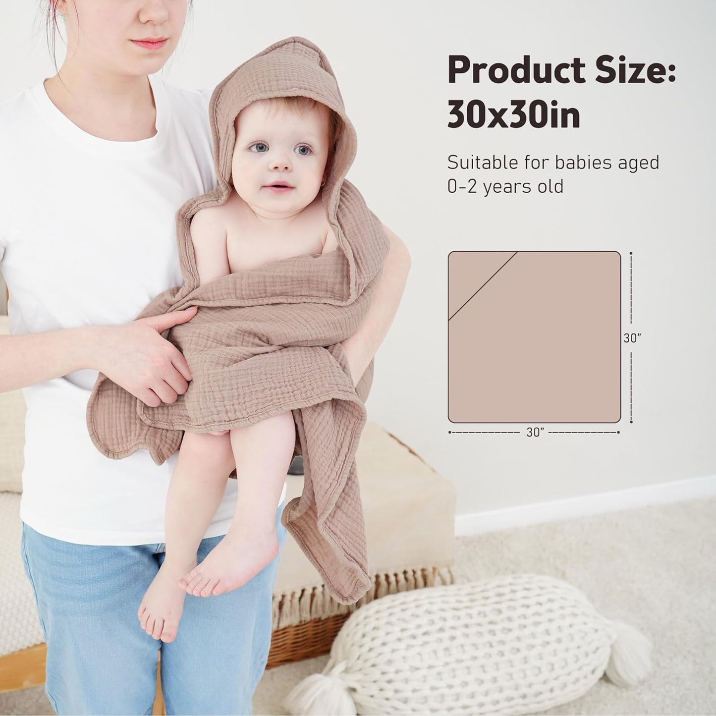 Susurration Hooded Baby Towels for Newborn 2 Pack 100% Muslin Cotton Towel for Babies，Highly Absorbent and Newborn Essential 30x30 Inch Cream&Sand