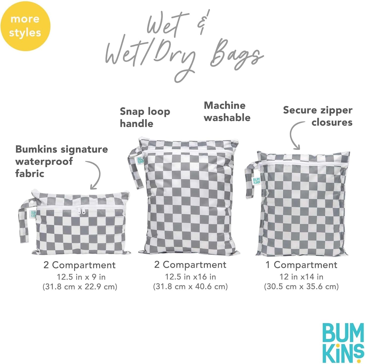 Bumkins - Larger Waterproof Wet Bag - For Baby, Travel, Swim Suit, Cloth Diapers, Pump Parts, Pool, Gym, Toiletry, Strap to Stroller - Reusable & Easy to Clean - 2pk - Gray & Mint Check