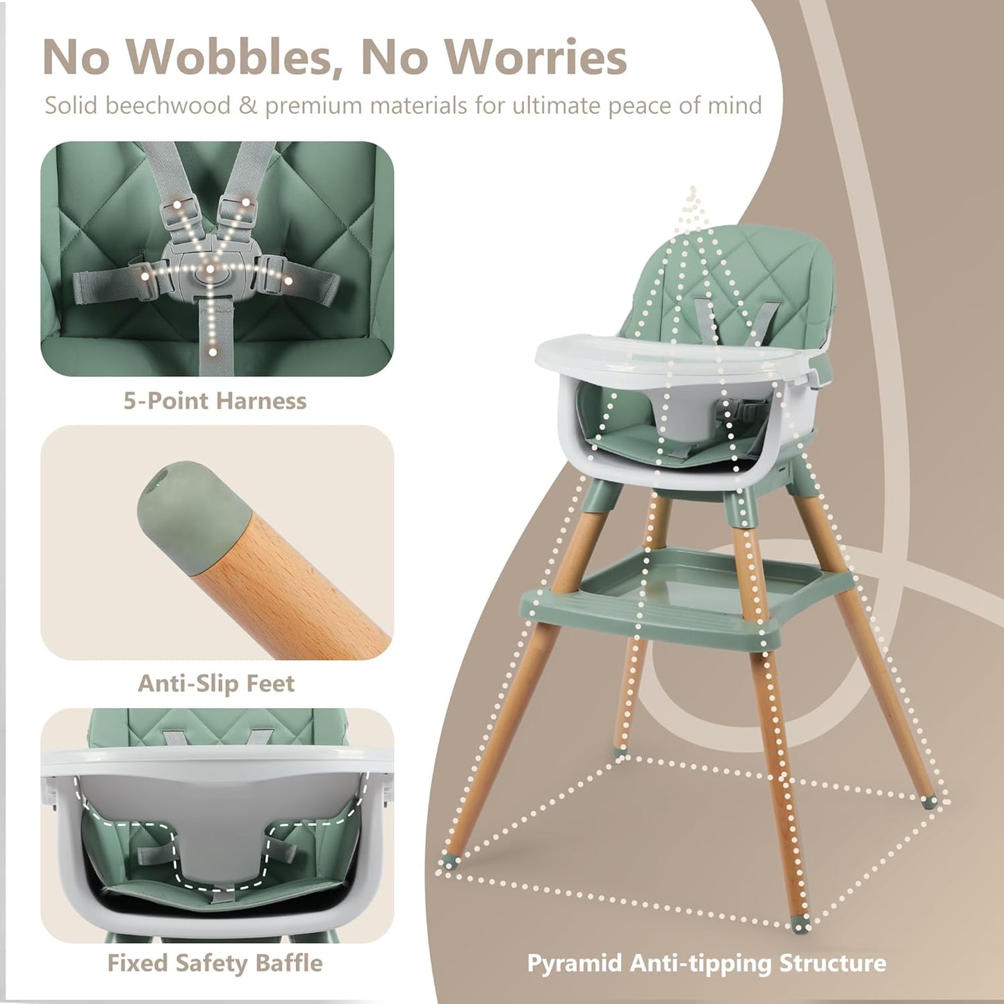 Kinder King 7 in 1 Baby High Chair for Babies and Toddlers with Large Storage Footrest, Booster Seat, Convertible Wooden High Chair with 3-Depth Double Dishwasher Safe Tray, 5 Point Harness, Green