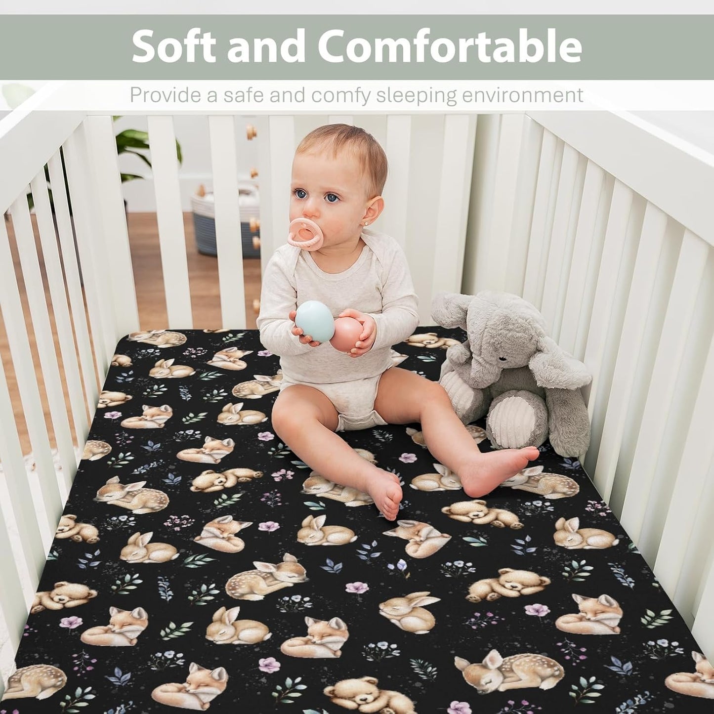Sleeping Spring Animals Baby Crib Sheets Boy Girl 28"x52" Bear Deer Bunny Floral Leaves Soft Snug Fitted Crib Mattress Cover Cute Animals Baby Sheet for Standard Crib & Toddler Mattress