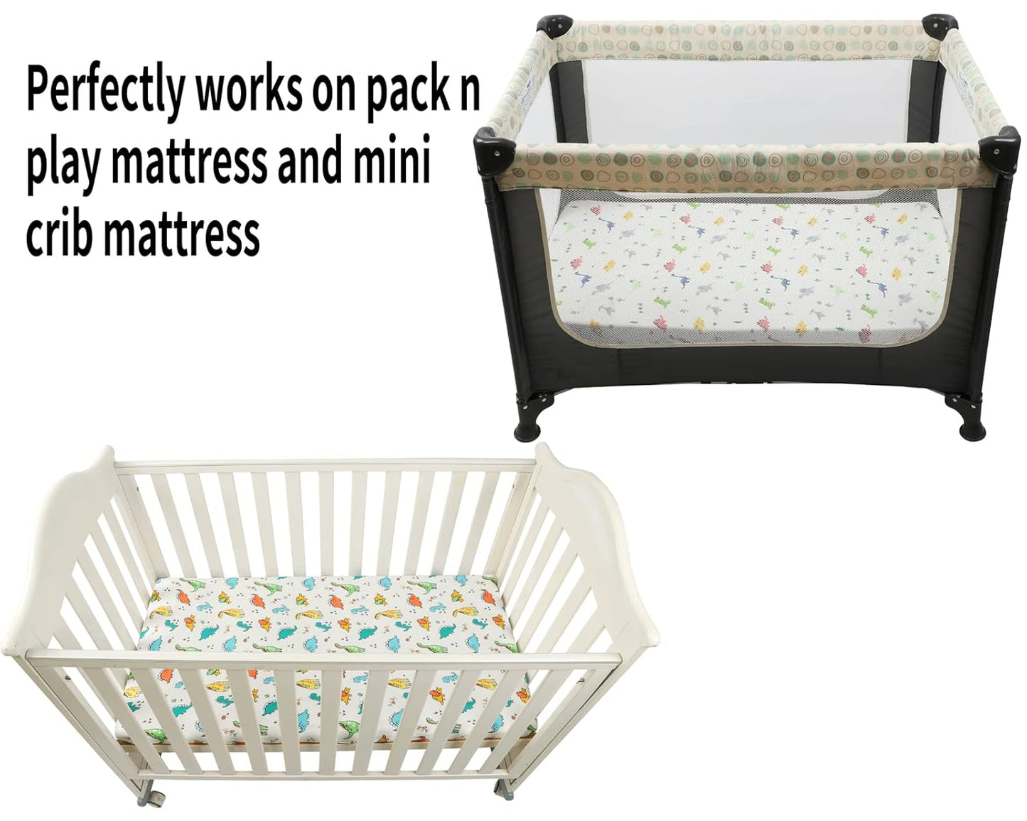 Onacosht Pack n Play Sheets 2 Pack for Baby Boy, Stretchy Jersey Knitted Portable Mini Crib Sheets Playard Mattress Cover, Dinosaur Printing