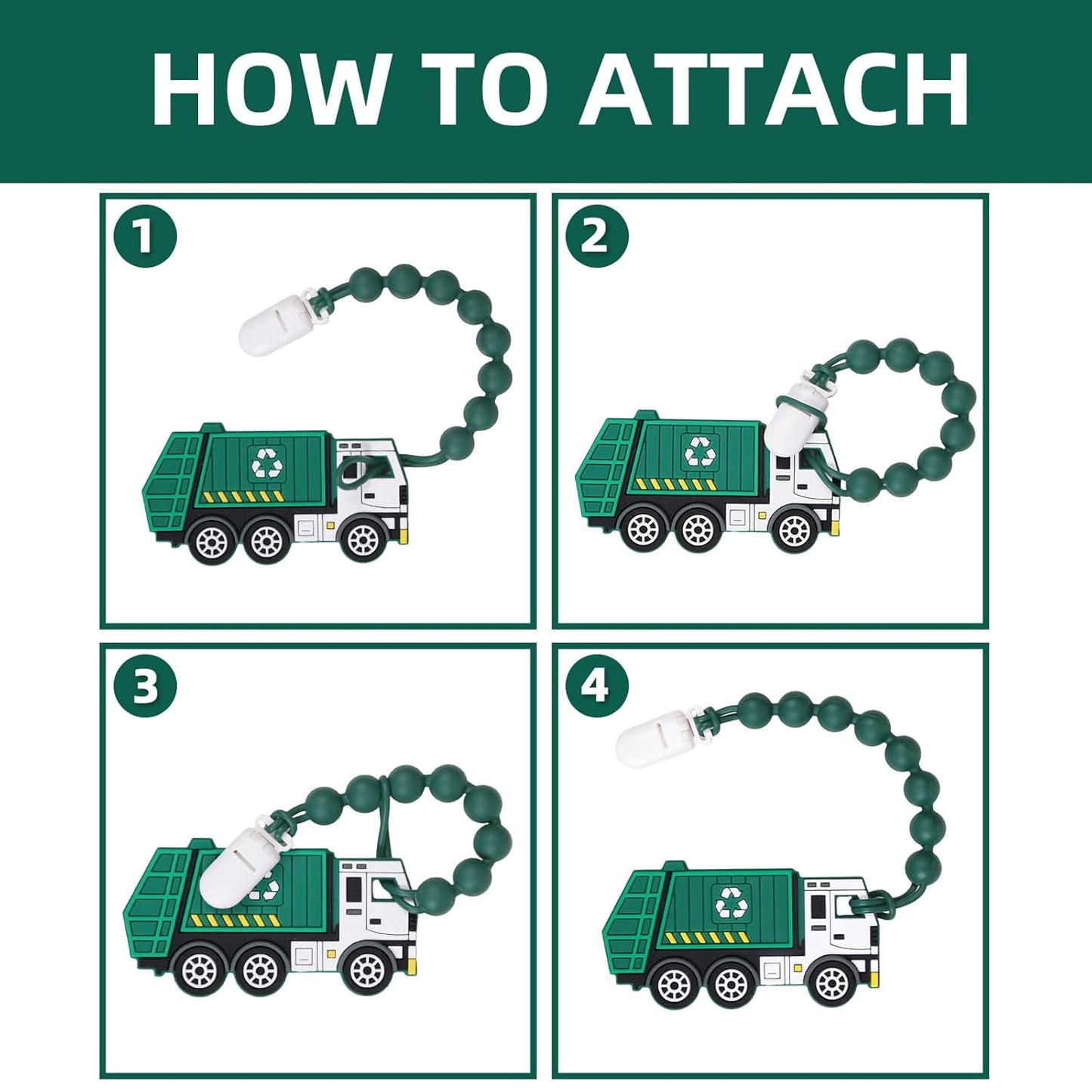 Baby Food Grade Silicone Carrier Vehicle Teether Toy with Pacifier Clip Holder,Teething Toys Gift Set for 3 Months+ Boys and Girls,Freezer Safe,BPA Free.(Garbage Truck)