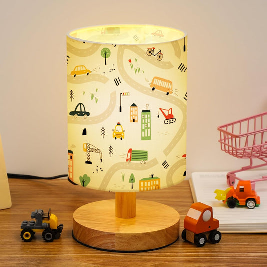 VIHOSE Transportation Kids Table Lamp for Bedroom Kids Bedside Lamp with Linen Wooden Nightstand Cartoon Nursery Lampshade for Girls Boys Living Room