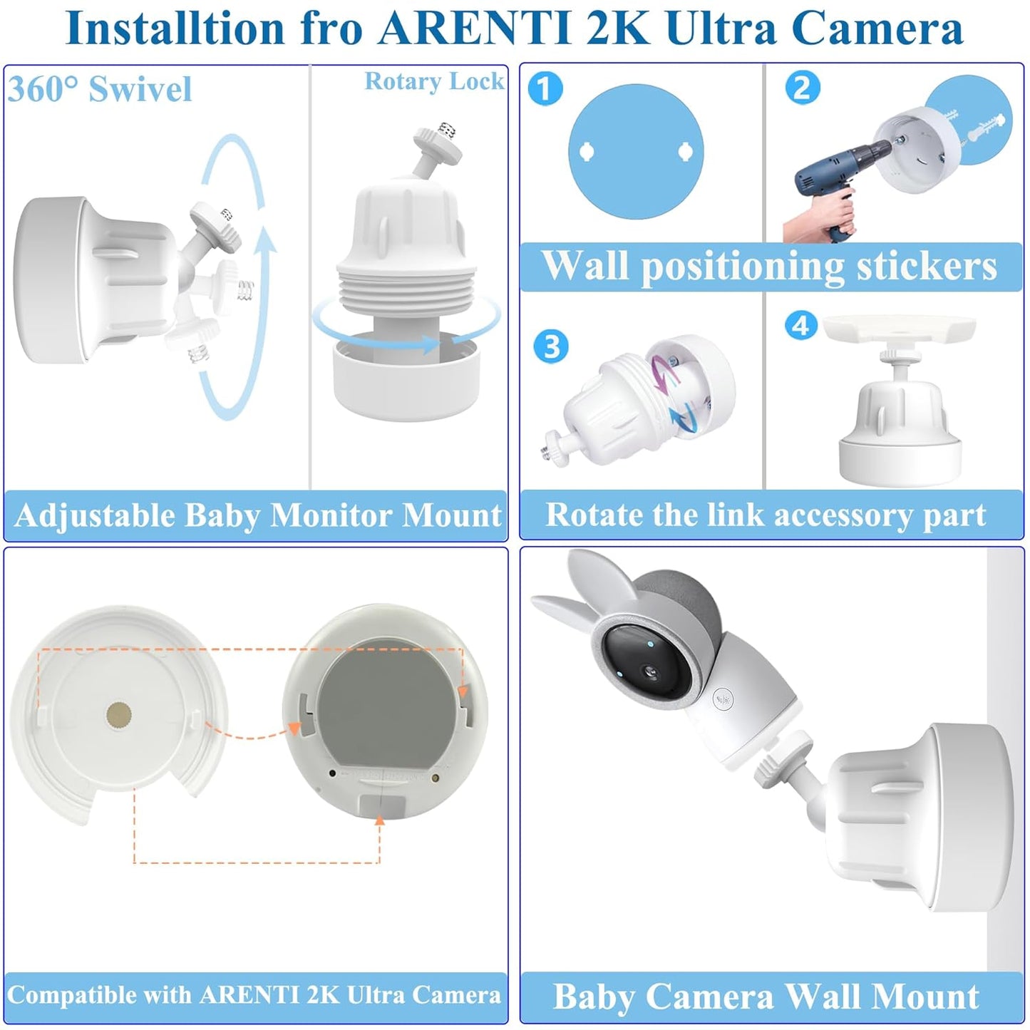 Baby Monitor Mount Stand Compatible with ARENTI 2K Alnanny A4 Baby Camera with 1/4" Threaded Hole,Flexible Adjustable Baby Monitor Wall Mount Holder, Perfect View Angle and Easy to Install