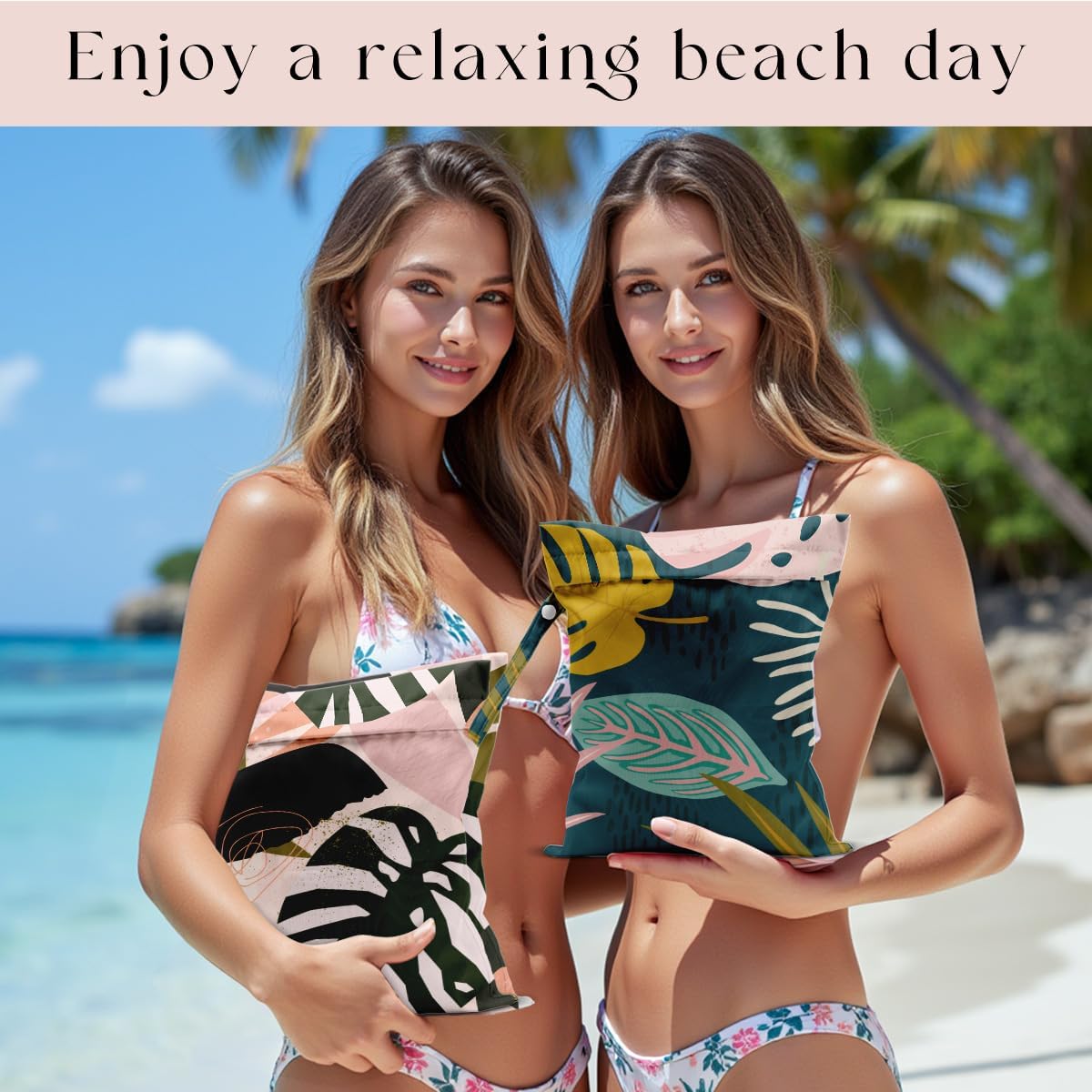 2 Pcs Wet Bag, Waterproof Wet Dry Bag, Small Laundry Bag, for Swimsuit, Pool, Travel, Beach, Diapers, Dirty Yoga Gym Clothes, Makeup Bags for Travel, Tropical Palm Leaves Decor Jungle
