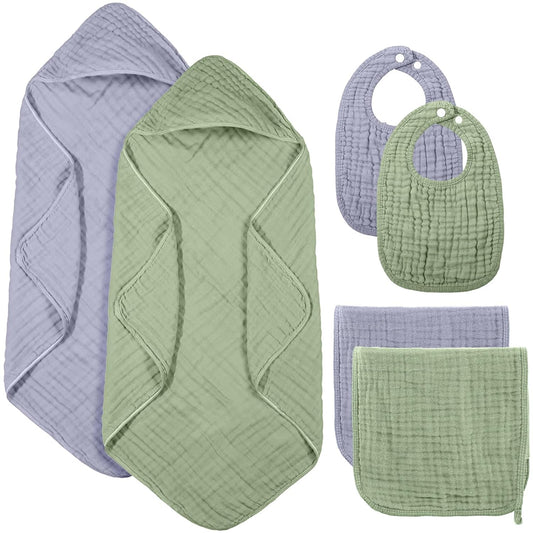 6 Pcs Muslin Hooded Bath Towels Washcloths and Bibs Set, Muslin Cotton Baby Towels Absorbent Hooded Blanket Towel Infant Bibs for Boys Girls Newborn Infant Essentials(Light Blue, Light Green)