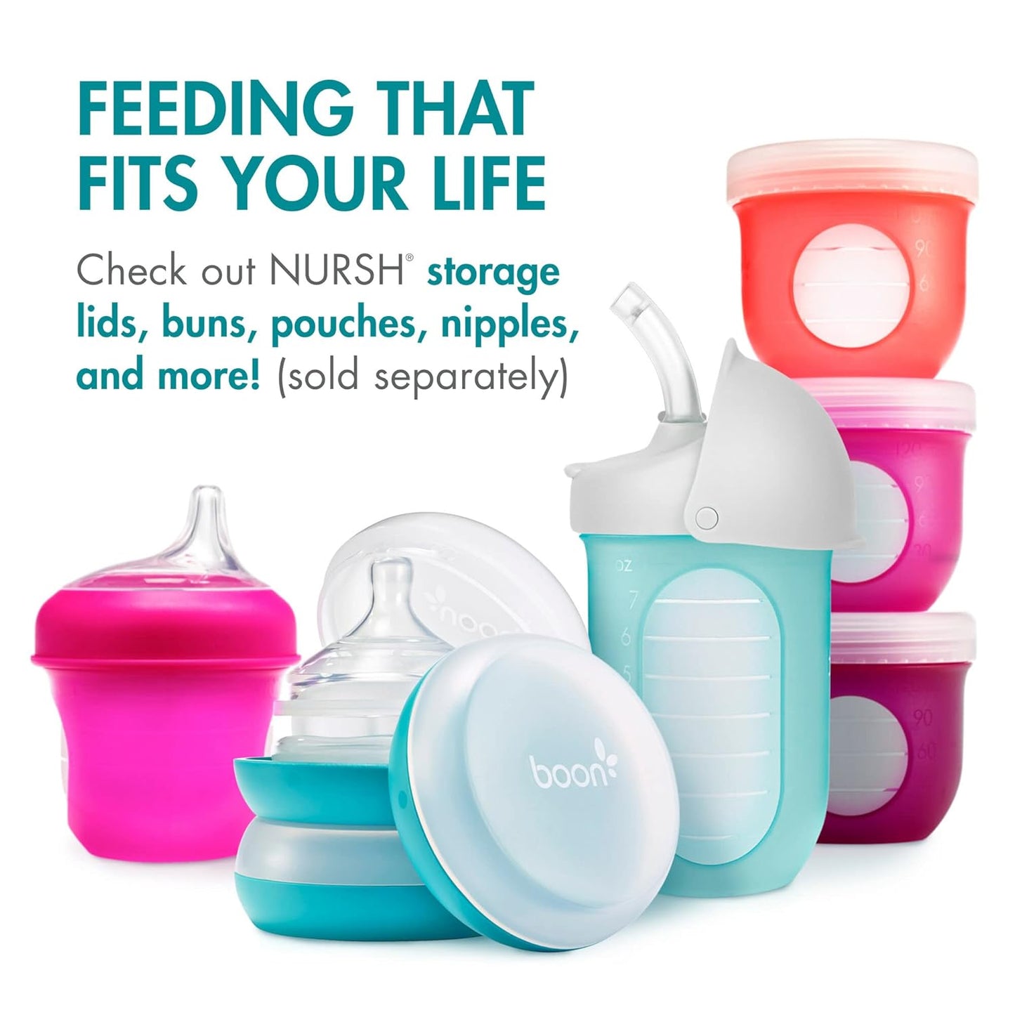 Boon Nursh Reusable Silicone Pouch Baby Bottles - Medium Flow Nipple - Silicone Baby Bottle Pouch and Nipple - Baby Feeding Essentials - Blue - 3-6 Months - 3 Count - 8 Ounce