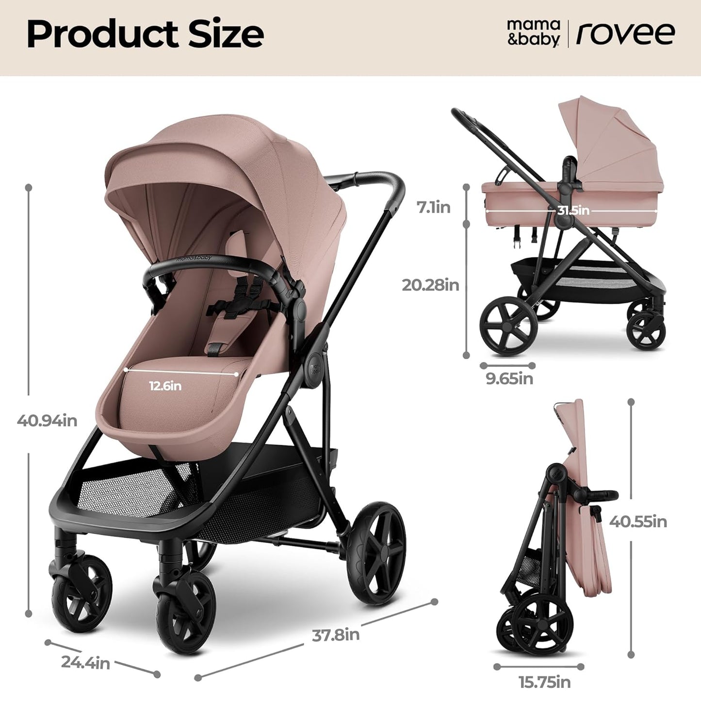 MAMA & BABY Rovee 2-in-1 Baby Stroller, Convertible Infant & Toddler Stroller with Reversible Seat, Large UPF 50+ Sun Canopy, Foldable Stroller with Shock-Absorbing Wheels & Storage Basket