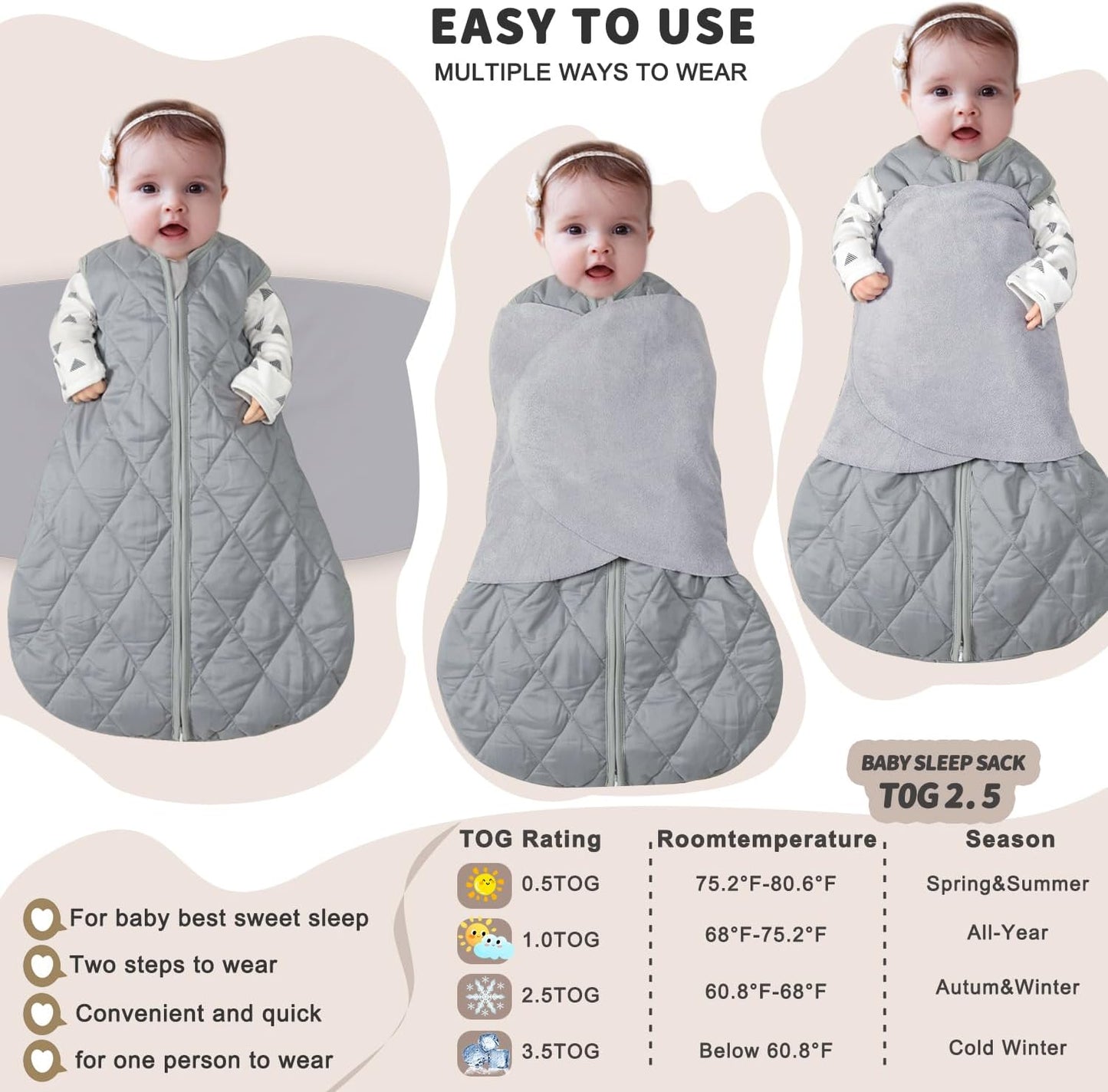 Newborn Sleep Sack Baby Swaddle,3-Way Adjustable Wearable Blanket,Swaddling Sleeping Bag,TOG 2.5 (Gray, 3-6 Months)
