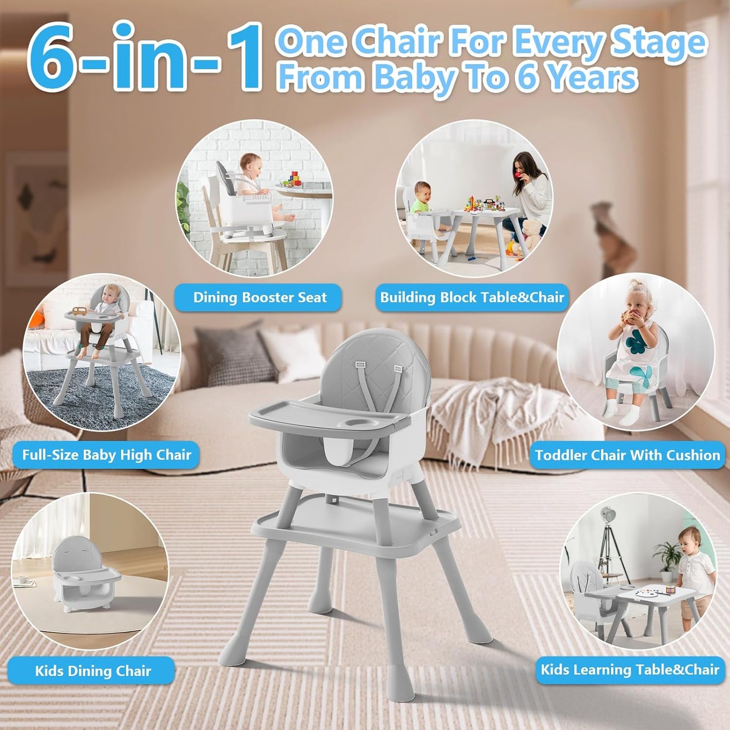 6 in 1 Baby High Chair for Babies and Toddlers, Booster Seat, Kids Learning Table & Chair (Grey)