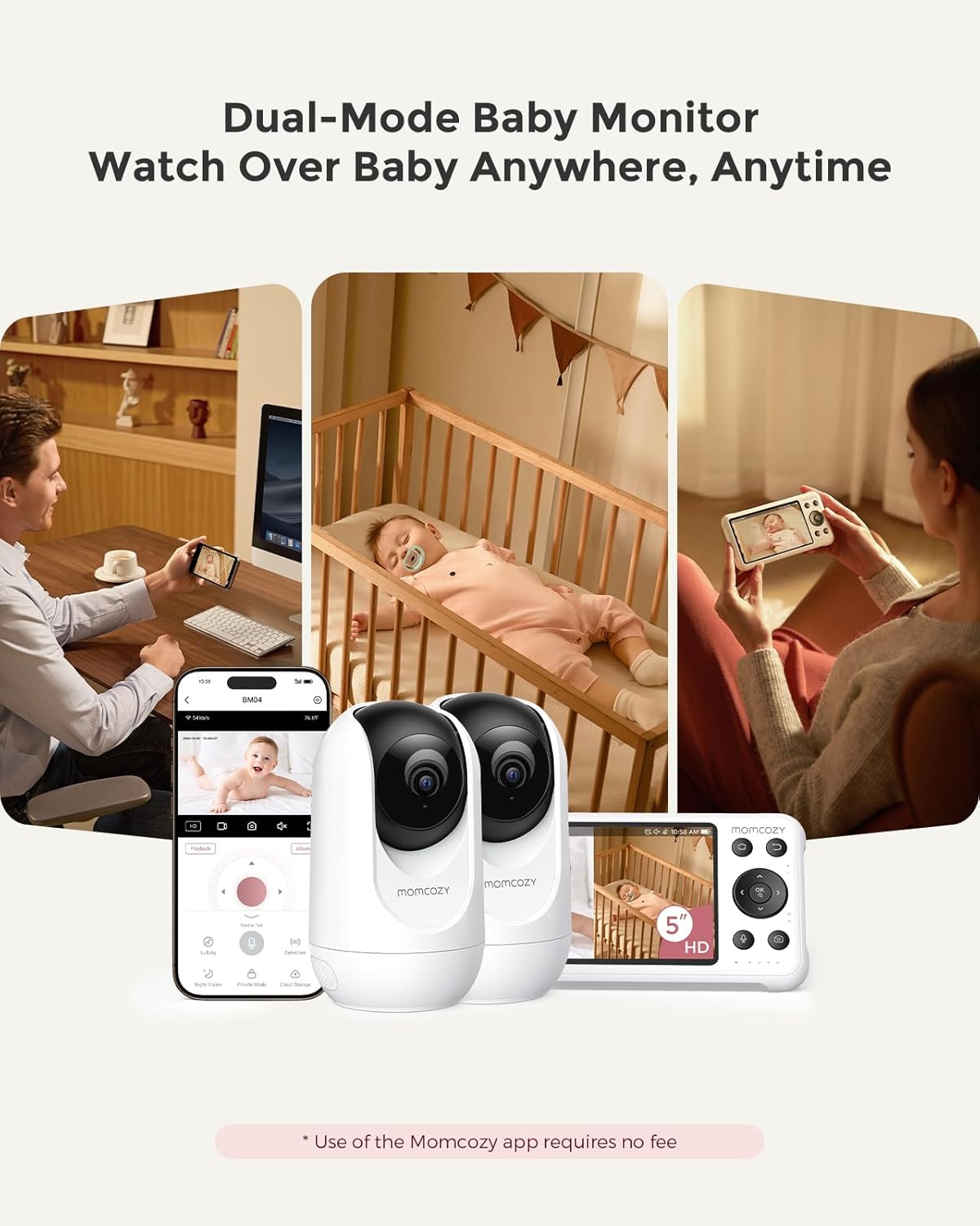 Momcozy BM04 Smart WiFi Baby Monitor with 2 Cameras, 5'' 1080P Split Screen Video Baby Monitor with Camera and Audio, Clear Night Vision, 5000mAh Battery, 2-Way Audio