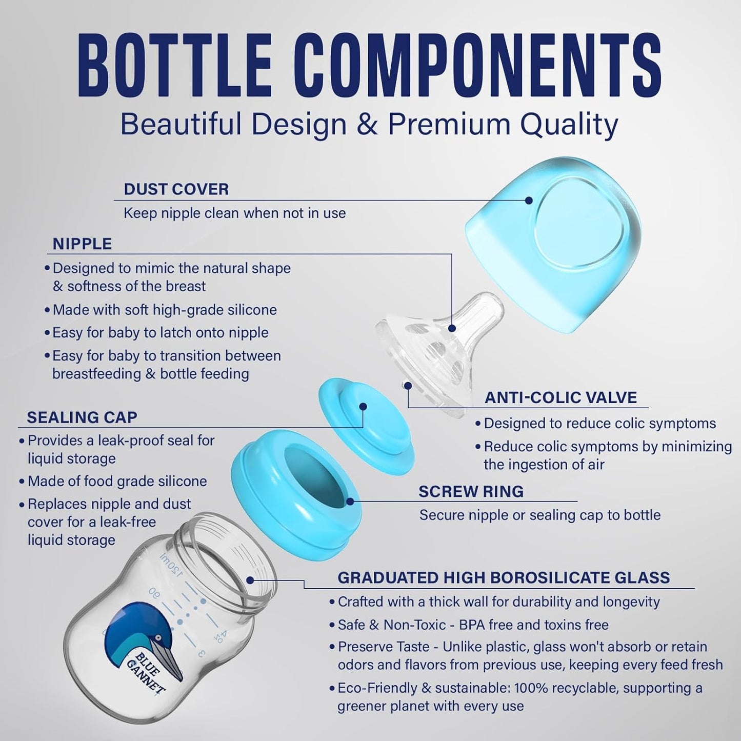 Multipurpose Anti-Colic Glass Baby Bottles with Slow Flow and Natural Flow Nipples, Breast Milk Collection and Storage Bottles, Wide-Neck Breast Pumps Compatible, 6-Pack (4oz, 6oz, 8oz)