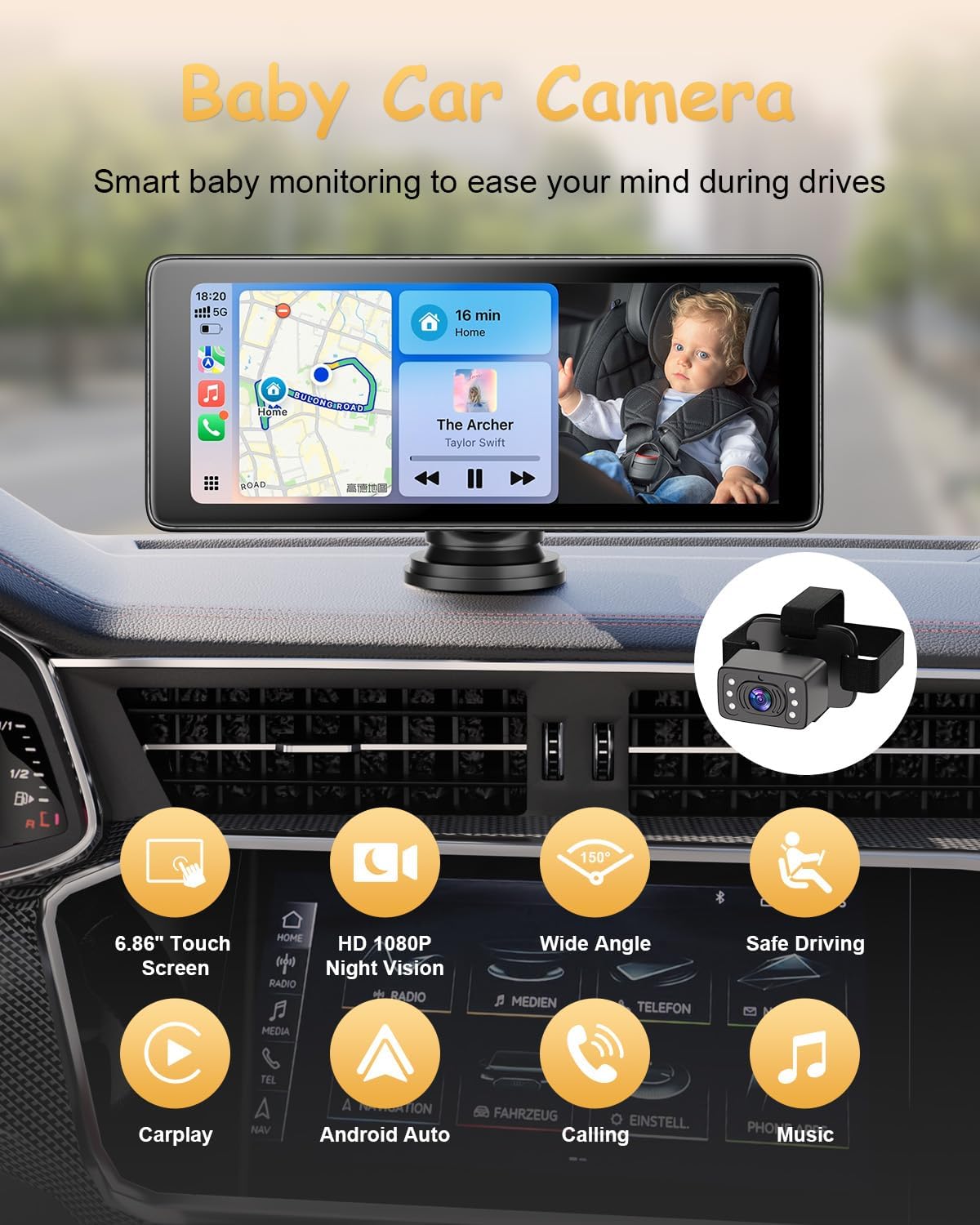 25HOURS YJ1 Baby Car Camera - 6.86" HD Car Baby Monitor Touchscreen with Apple CarPlay, 1080p Ultra IR Night Vision, 150° Wide Angle, Split Screen, 3X Zoom, GPS Navigation,FM,Siri, Plug-and-Play