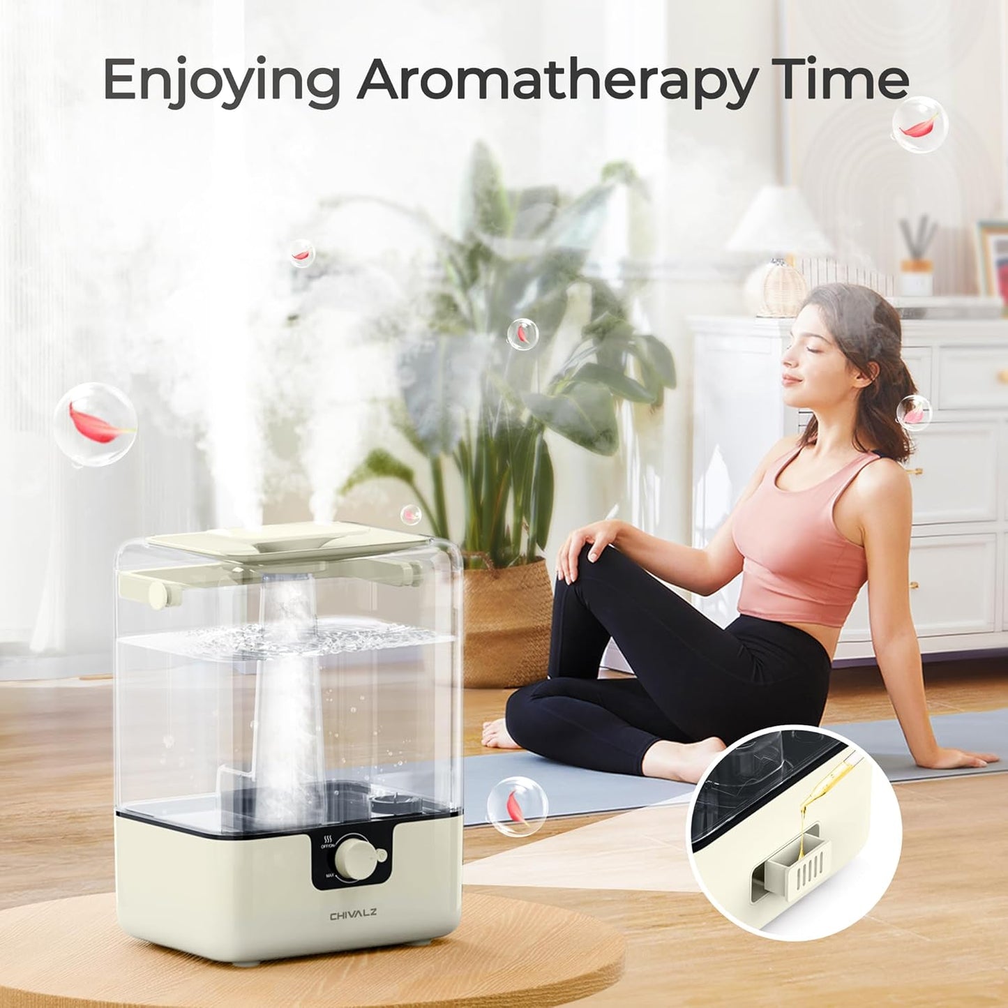 CHIVALZ Humidifiers for Bedroom, 6L Cool Mist Humidifiers for Baby Nursery, 26dB Quiet, 50H Runtime, Top Fill Humidifier for Large Room, Home, Plants, Nightlight, Oil Diffuser 1 Pack CreamyYellow