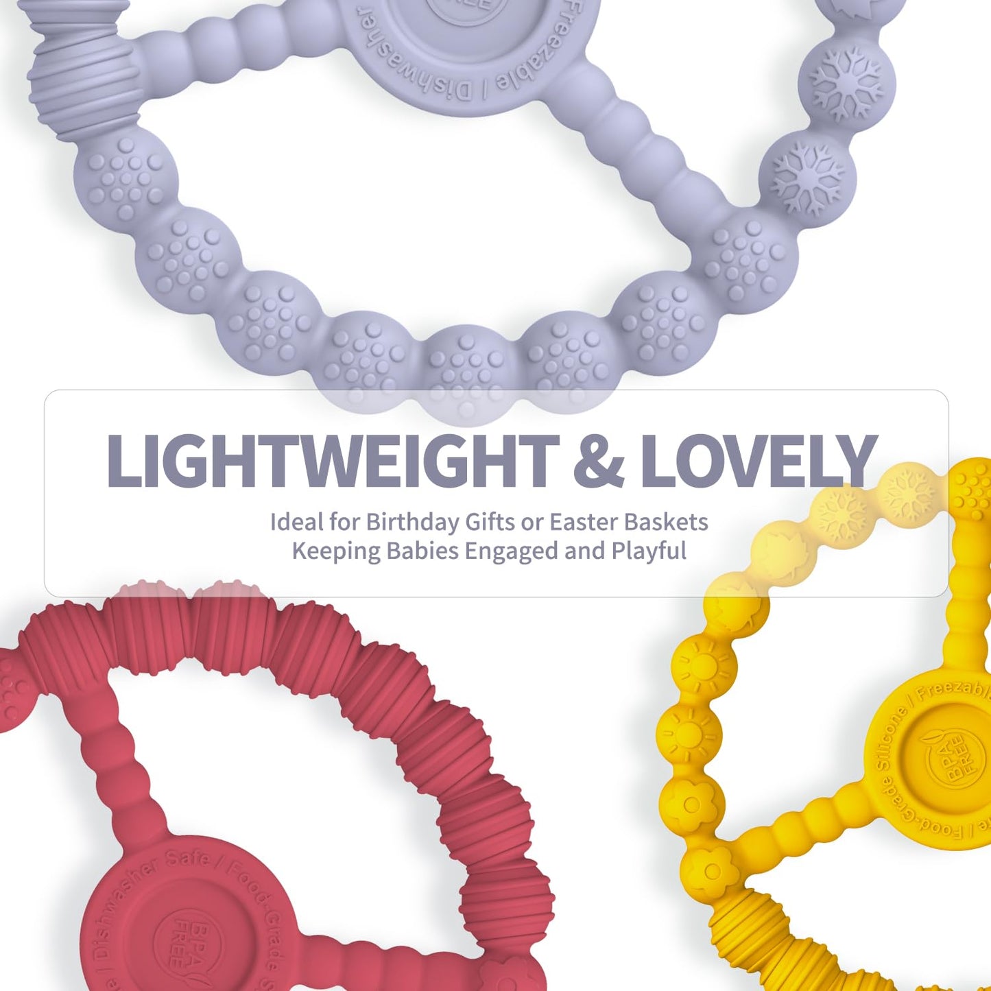 Baby Toys 6-12 Months, 3 Pack Silicone Teething Rings for Babies 0-6 months, Freezer Safe Ring Teethers 12-18 Months Essentials, Infant Teething Relief, Newborn Girl Easter Gifts (Lavender Yellow Red)