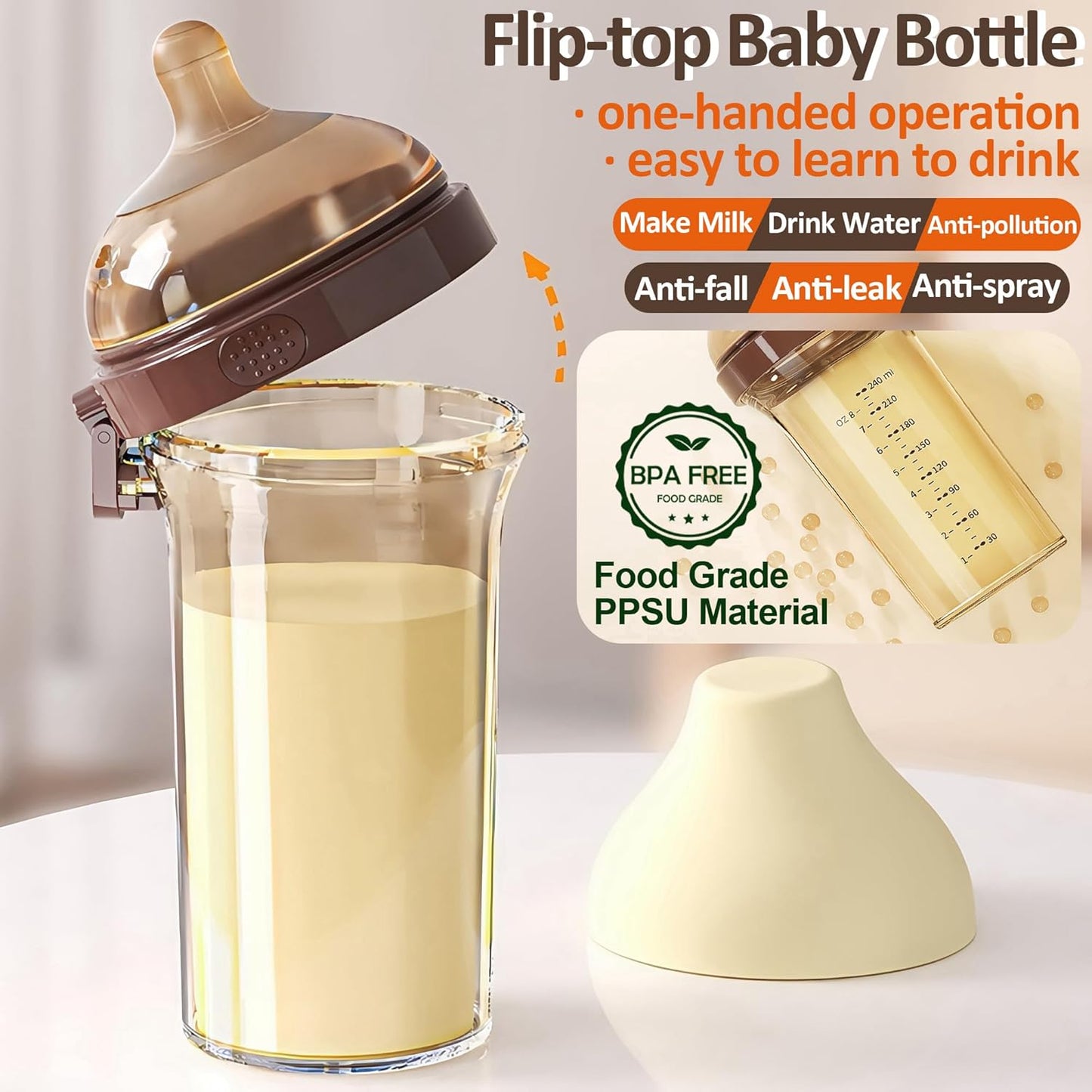 PPSU Baby Bottle, Bottles for Breastfed Babies, Flip-top Anti-Colic Baby Bottles 8oz/240mL 0-3 Months