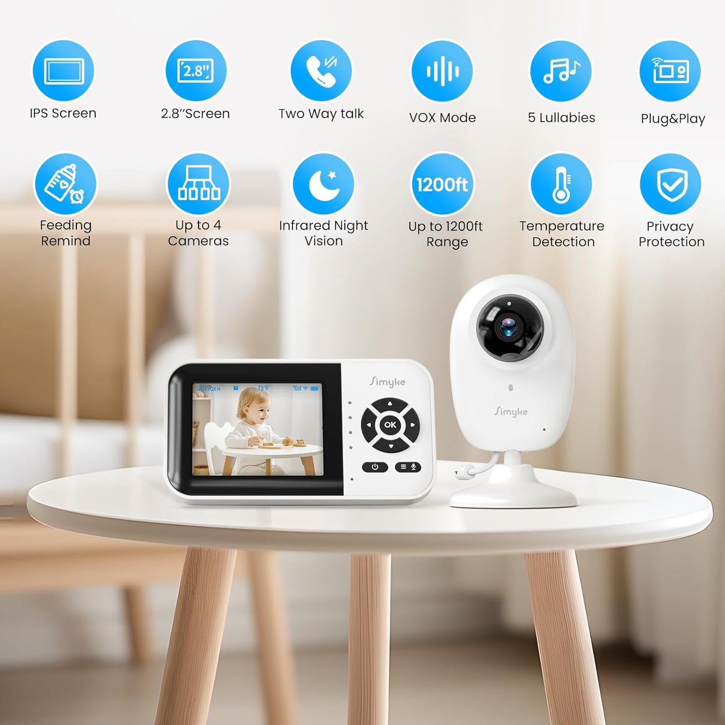 Smart Video Baby Monitor,2.8" Display & 1080p Camera,WiFi/No WiFi Modes,Cry Detection,2-Way Audio Talk,VOX/ECO,Feeding Timer,Temperature Sensor,Night Vision,8 Lullabies, Supports 4 Cameras