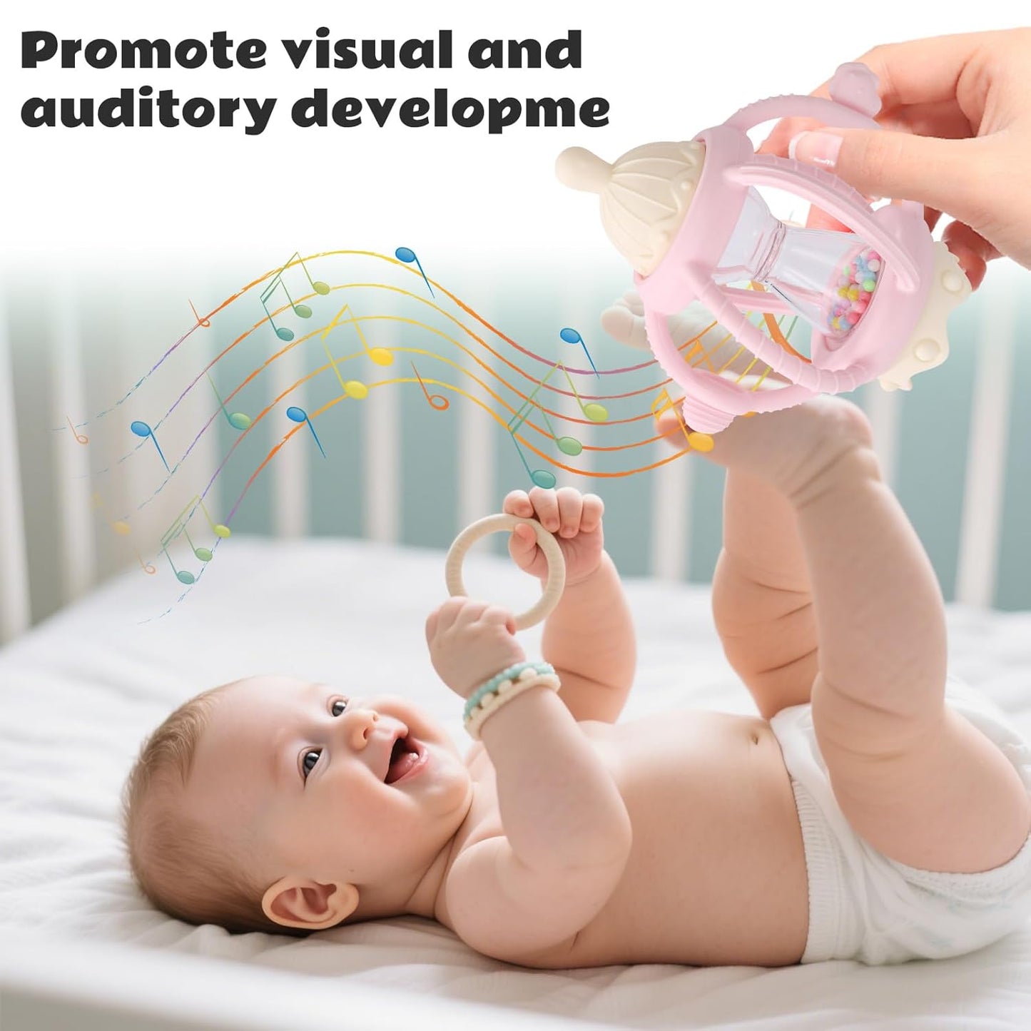 Socub Baby Rattle Teether Toys for 0-12 Months, 2-in-1 Sensory Hand Grasp Shaker with Soft Silicone Teething Ball & Pacifier, BPA Free Chew Toy for 6-12 Months, Newborn Gift for Boys and Girls (Pink)