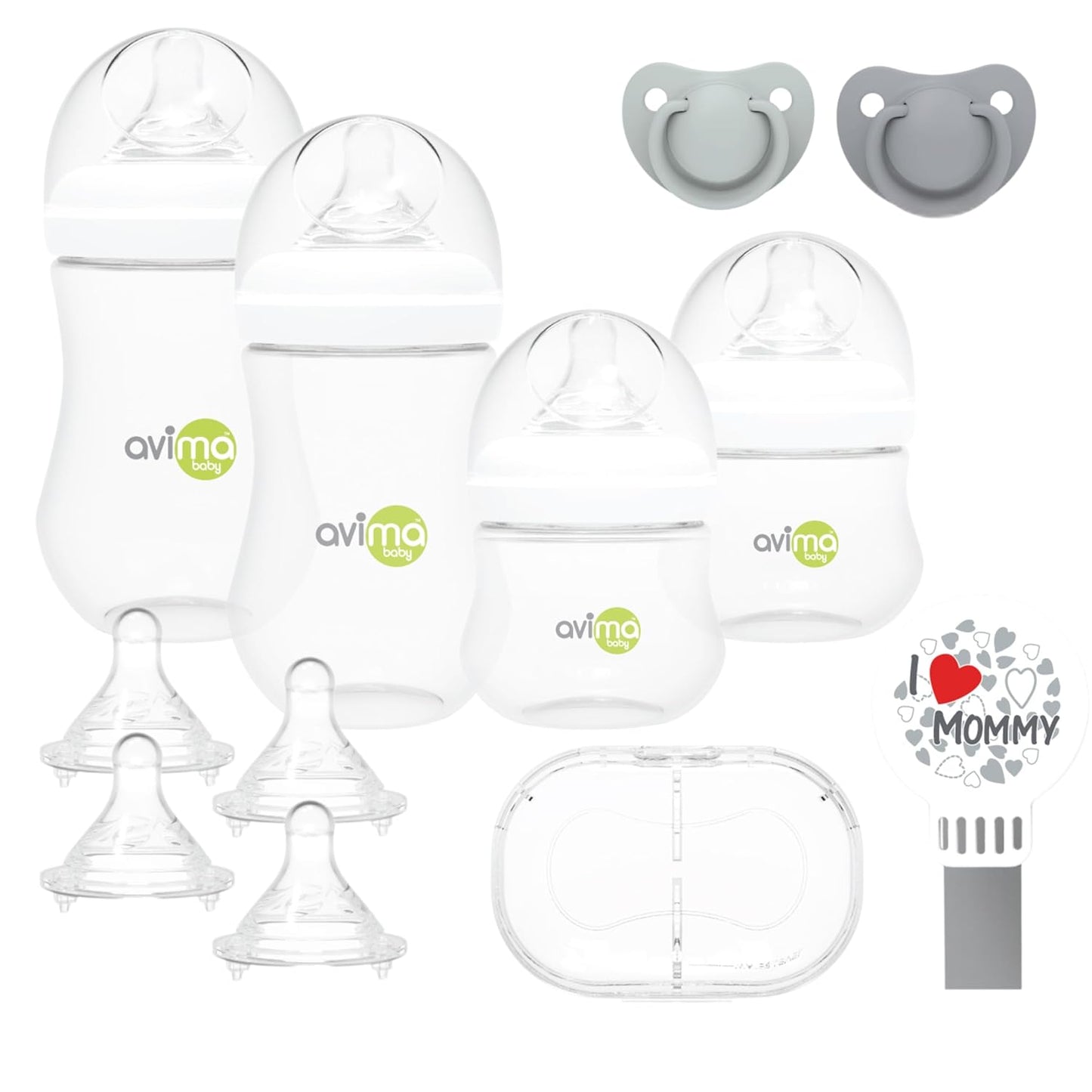 Avima Baby Wide Neck Bottle Starter Kit – 12 Piece Set. Anti Colic Feeding Set w/ 4 oz & 9 oz Baby Bottles, Slow & Medium Flow Nipples & Pacifiers, BPA Free