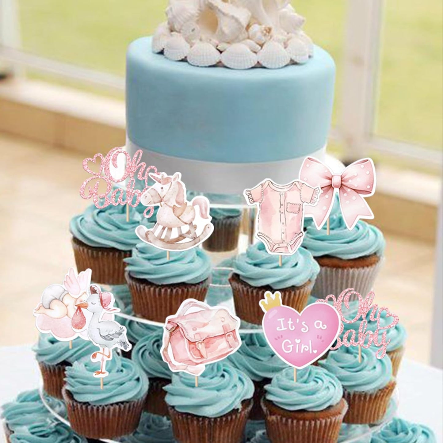 Rsstarxi 40 Pack Baby Cupcake Toppers Oh Baby Shower Decorations - Bow Trojan Horse It's a Girl Cupcake Picks for Welcome Baby Girls Birthday Party Cake Decorations