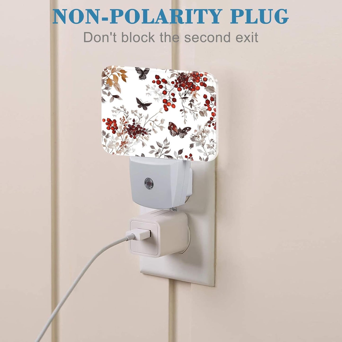 Vintage Wildflower Plants Night Light Plug into Wall, Butterfly Night Light with Dusk to Dawn Sensor for Kid Girls Boys Women Men Room, Hallway, Kitchen, Bathroom, Stairs Decor