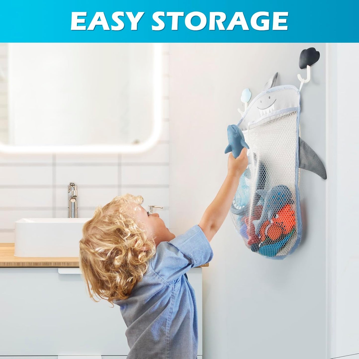 No Hole Mold Free Bath Toys for Toddlers 1-3, Water Toys for 6-12 Months Infants with Storage Bag, Baby Shark Toys for Pool, Bathtub, Beach, Shower, Tub, Kids Boys Girls