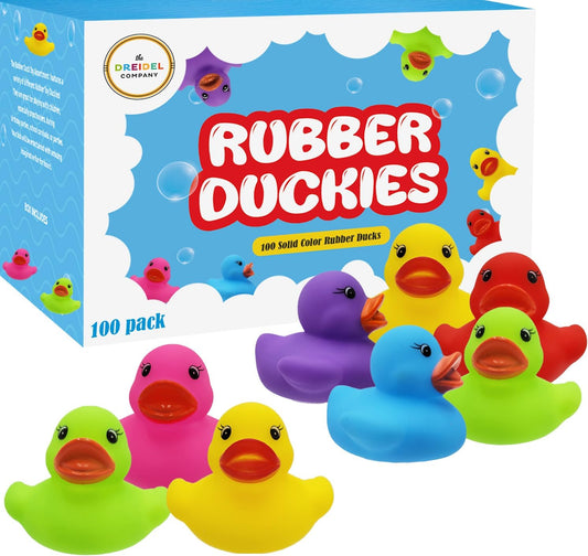 The Dreidel Company Classic Rubber Duck Toy Duckies for Kids, Six Solid Colors, Bath Birthday Gifts Baby Showers Classroom Summer Beach and Pool Activity, 2" (100-Pack)