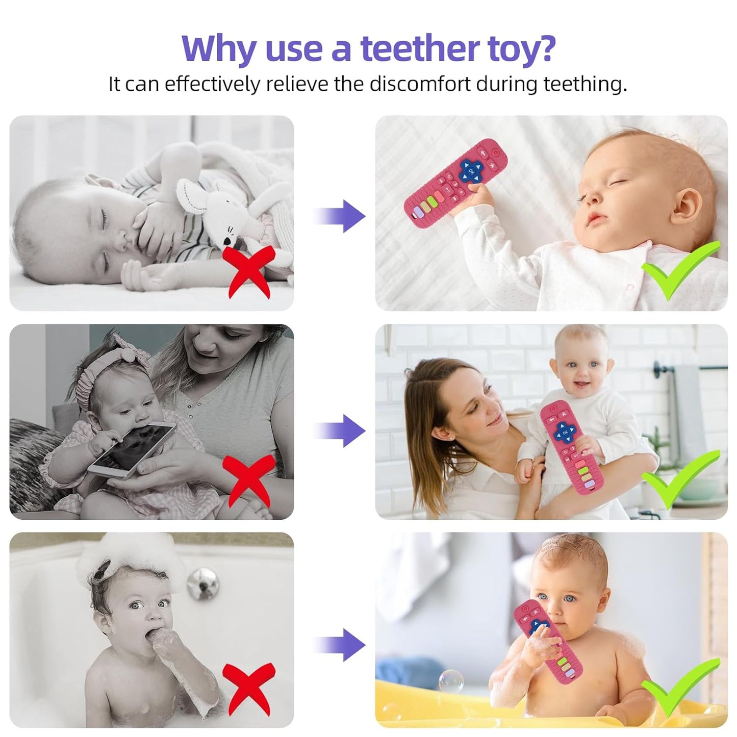 Baby Teether Toy for Babies 3-24 Months TV Remote Control Shape Chew Toy Teething Relief Baby Toys for Infants (Rose red)
