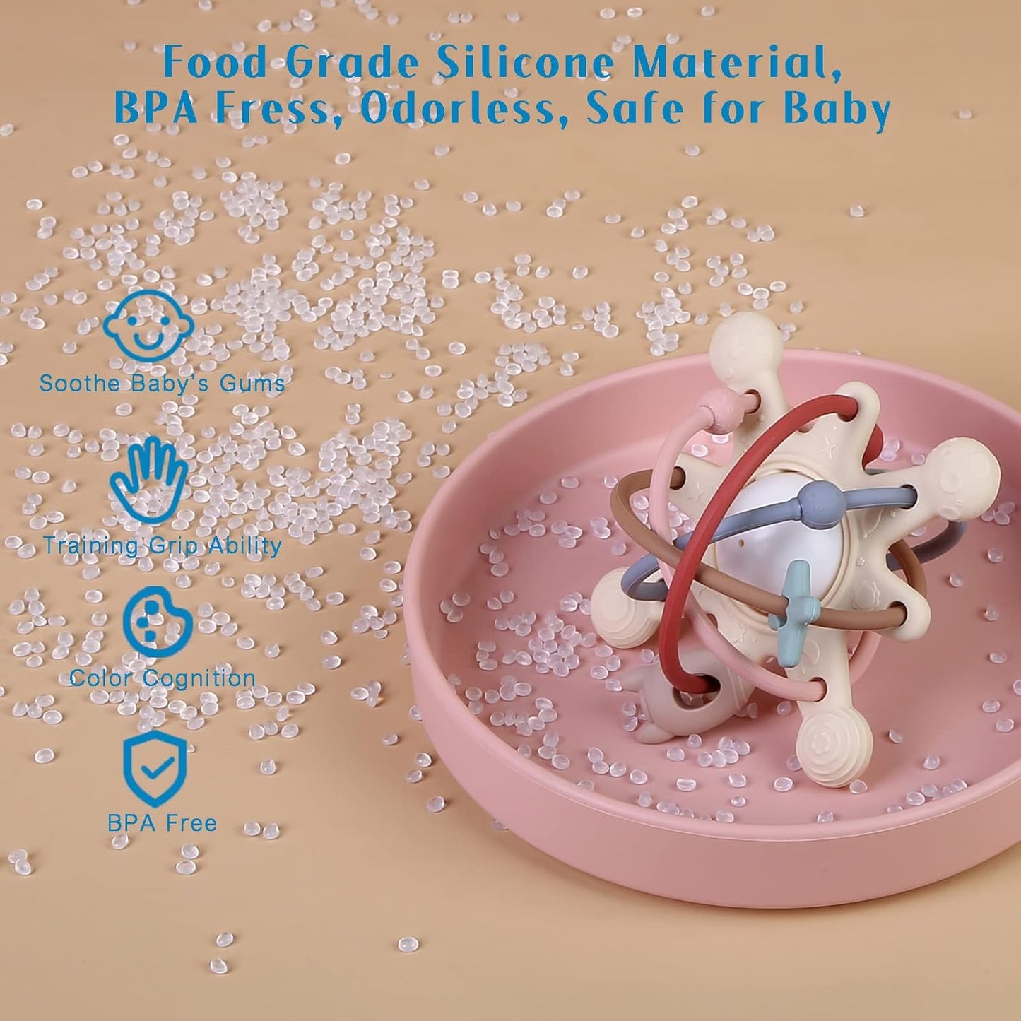 Baby Teether Toy for Babies 3 Months+, Silicone Baby Teething Toys, Rattle Sensory Teether Toy for Sore Gums, Baby Chew Toys for Sucking Needs, BPA Free, Milk White