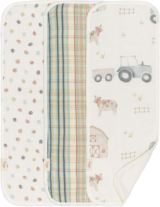 Crane Baby Burp Cloths Set, 3-pc. Charlie Farmhouse Tractor Collection, Soft 100% Cotton Muslin Burp Cloths for Baby Boys and Girls, Farm Nursery Décor