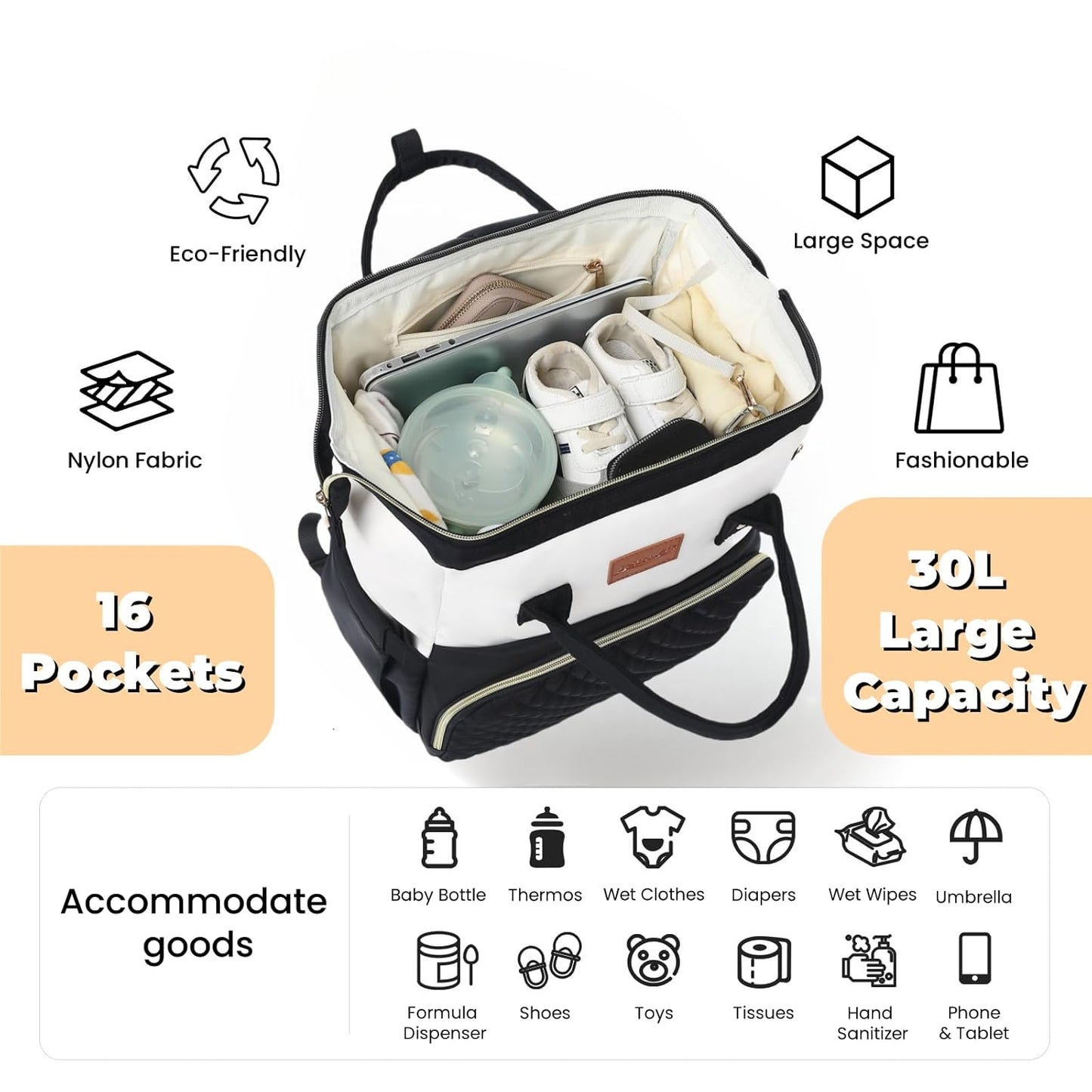 Baby Diaper Bag Backpack with Changing Pad, Pacifier Case, for Boy Girl Toddler - Large, Stylish, Waterproof Travel Quilted Diaper Bag for Mom - Black/White