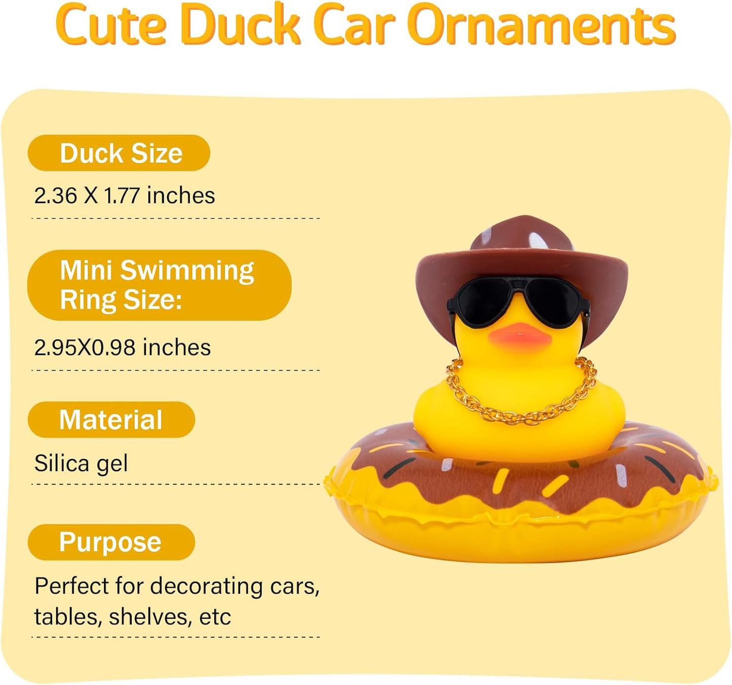 wonuu Car Rubber Duck, Yellow Duck Decoration Dashboard with Sun Hat Swim Ring Necklace Sunglasses for Car Dashboard Decorations, White Spots Brown Cowboy Hat-Brown Donut
